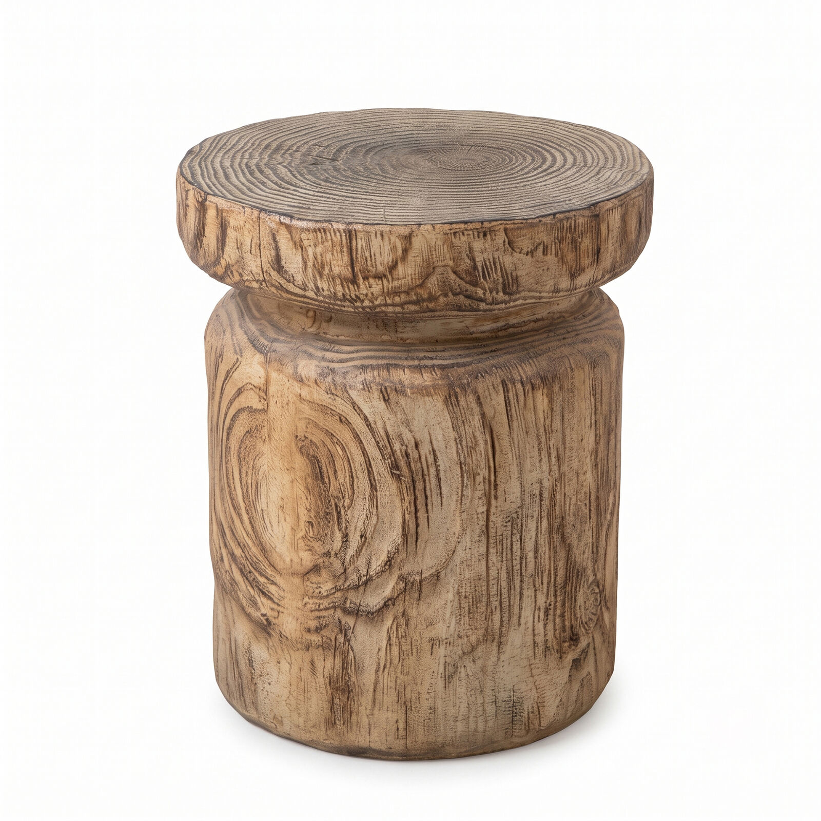 Wood Look Accent Table | Sculptural Pedestal Round Side Table | Magnesium Oxide Concrete | Indoor & Covered Outdoor | 50cm