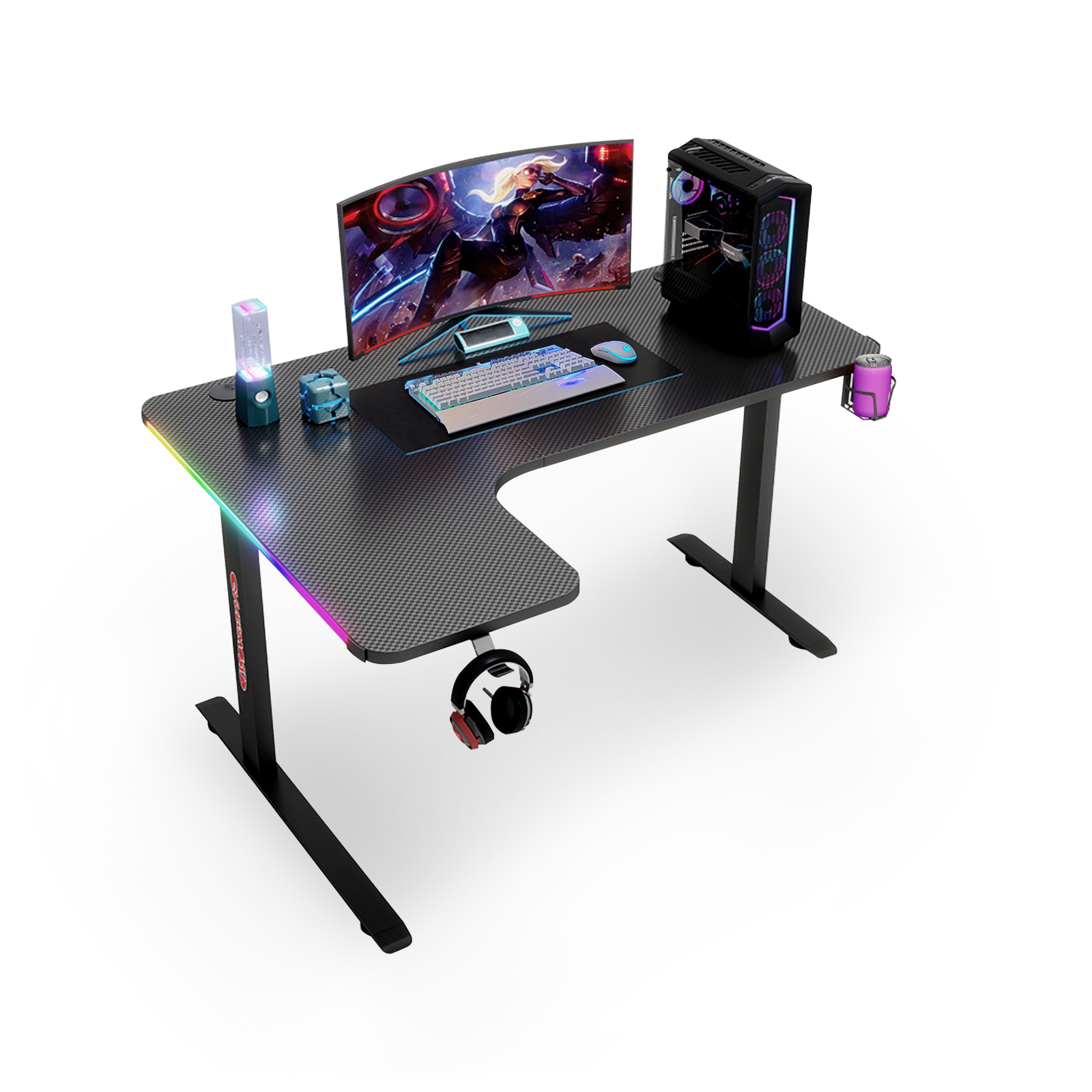  140cm Black RGB LED Gaming Desk Computer Home Office Writing Desk Racer Table Carbon Fiber Table With Cup Holder and Headphone Hook