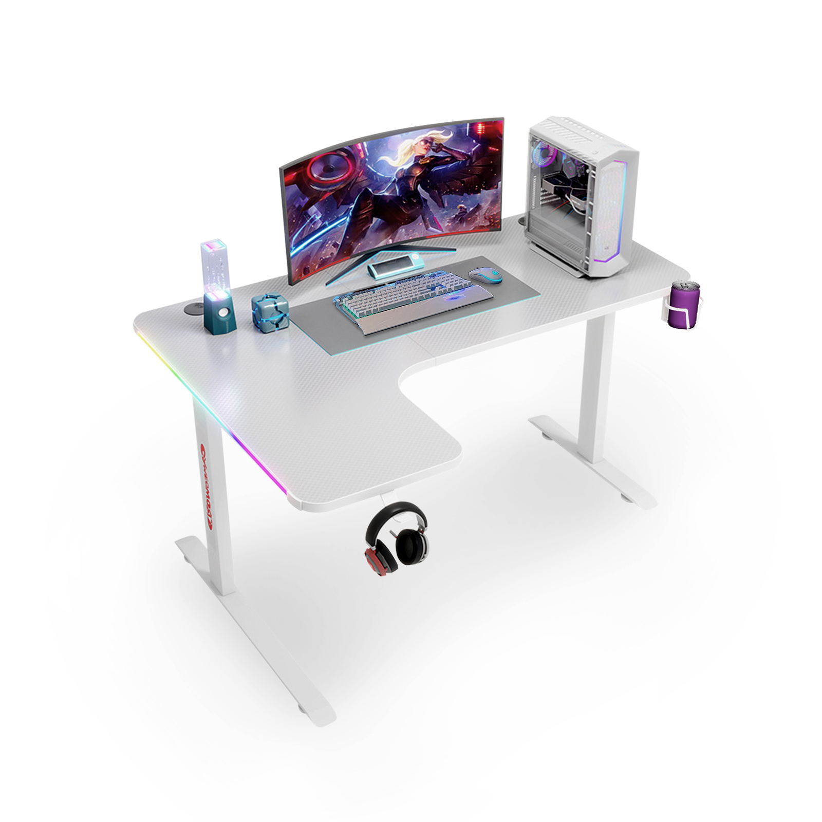 140cm White RGB LED Gaming Desk Computer Home Office Writing Desk Racer Table Carbon Fiber Table With Cup Holder and Headphone Hook