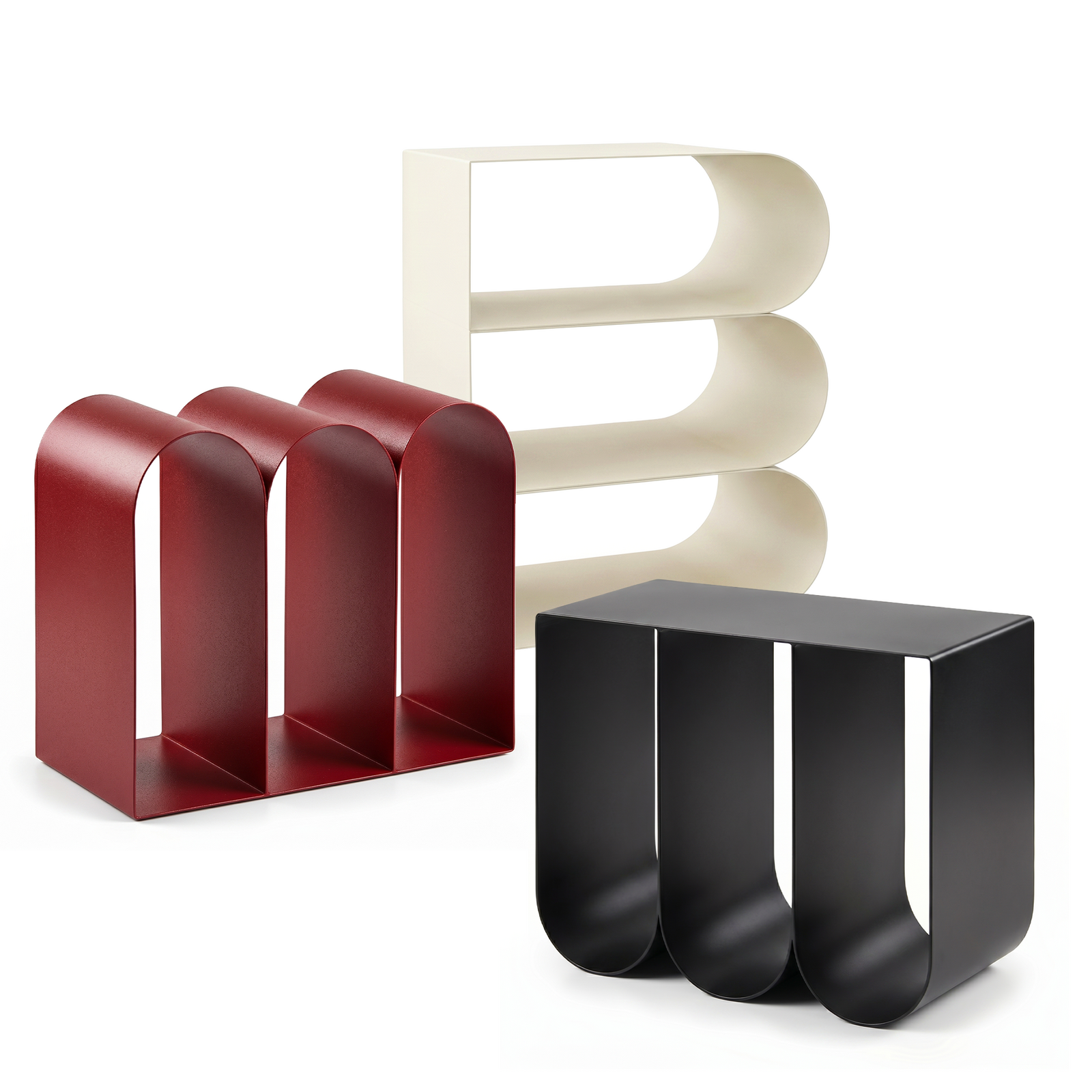 Minimalist Floor-Standing Metal Bookshelf Rack | B-Shaped Sculptural Display Shelf | Metal Modular Shelving Unit | Couch Side Table - 3 Color