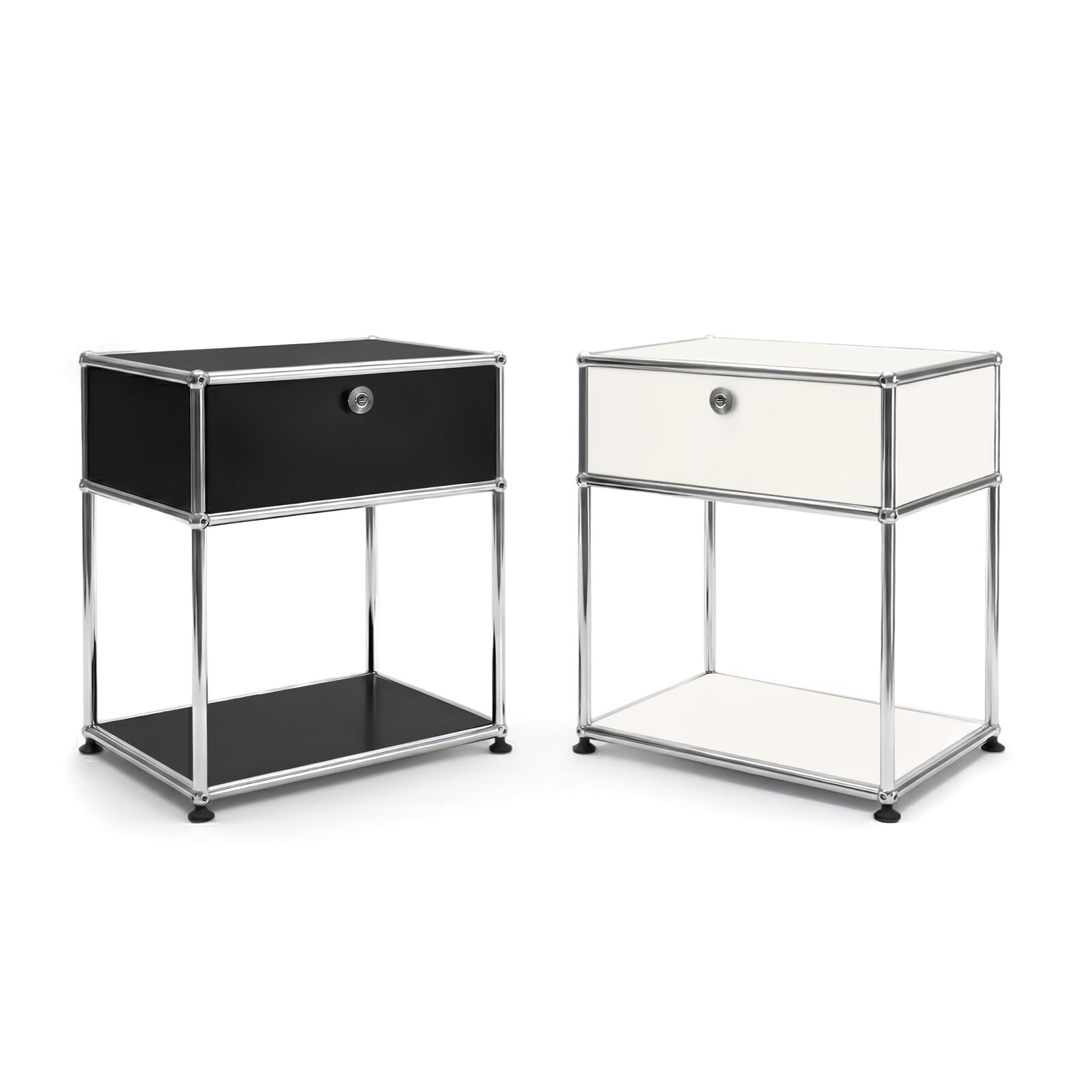 Nordhavn Stainless Steel White/Black  Bedside Table, Minimalist End Table, Modern Night Stand Steel Frame Unit w/ Pull-Out Drawer and Open Shelf