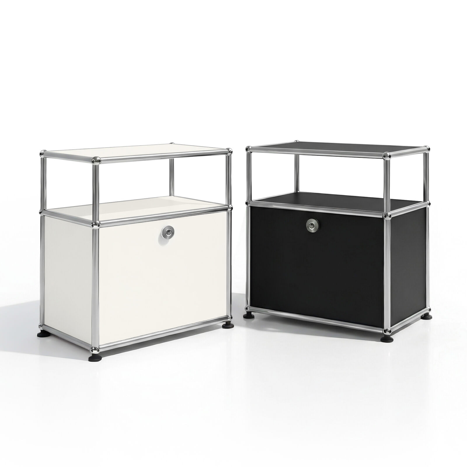 Stainless Steel White/Black Bedside Table Replica, Minimalist End Table, Modern Night Stand Steel Frame Unit w/ Drop-Down Door & Open Upper Shelf