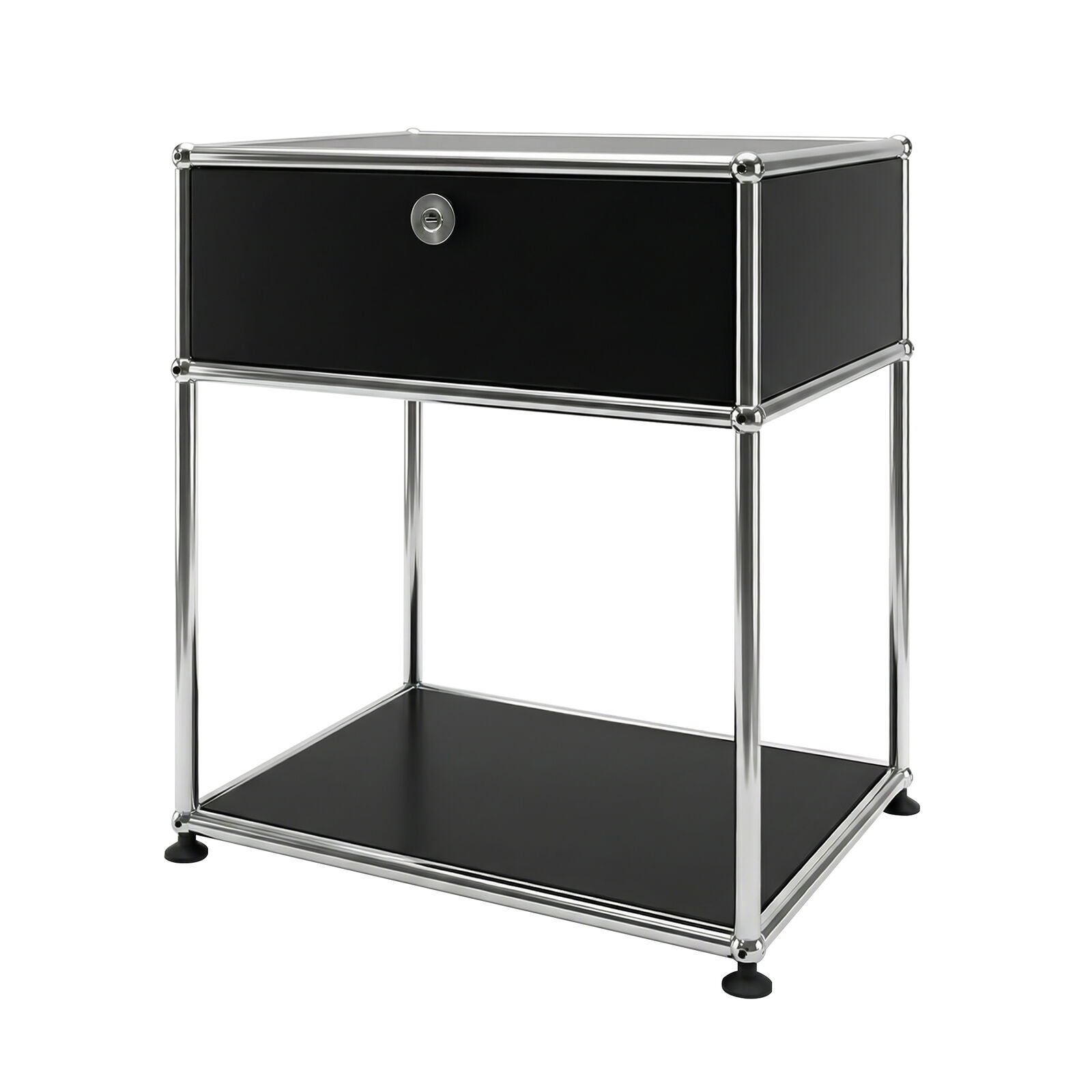 Stainless Steel Black Bedside Table, Minimalist End Table, Modern Night Stand Steel Frame Unit w/ Pull-Out Drawer and Open Shelf
