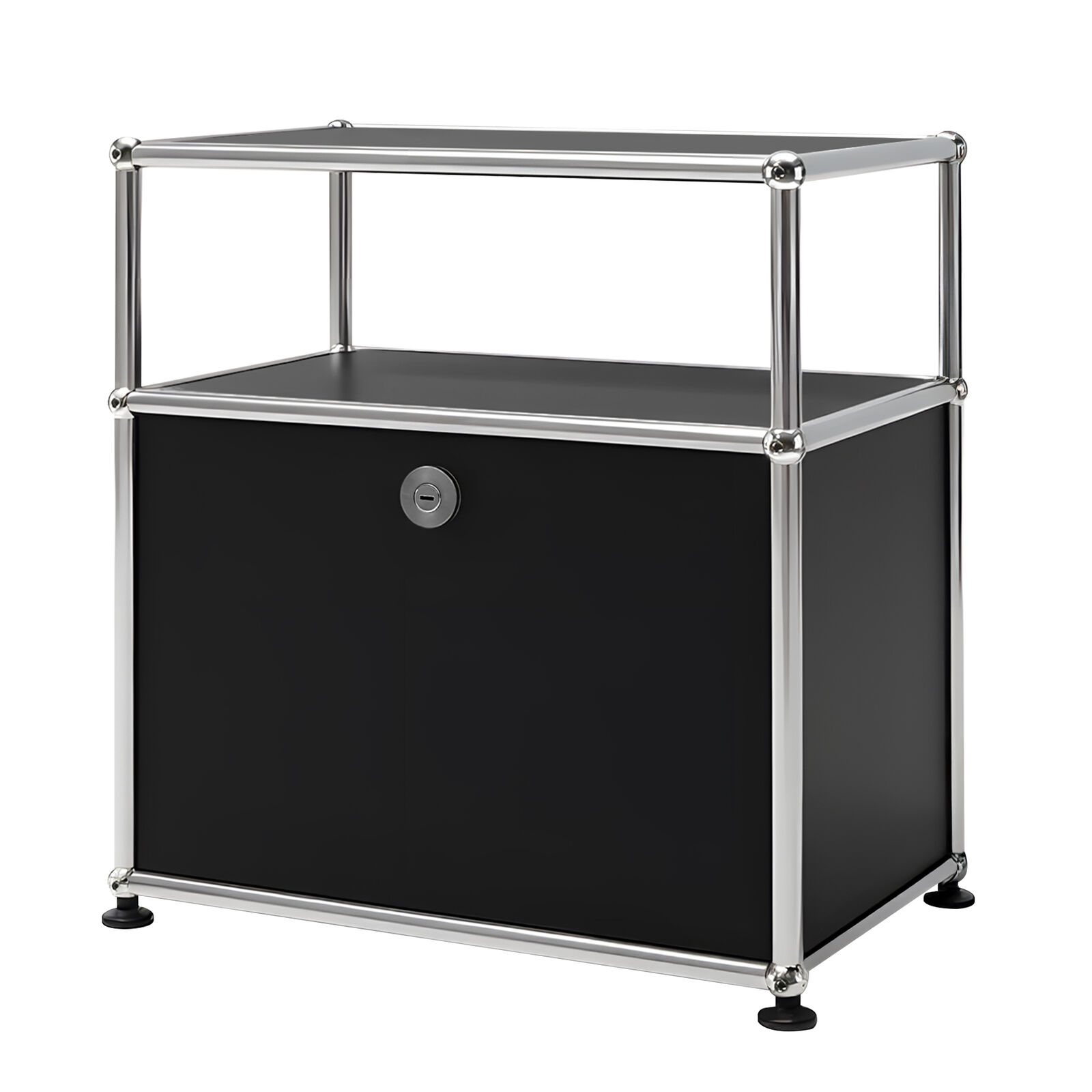 Stainless Steel Black Bedside Table, Pre Assembled End Table, Modern Night Stand Steel Frame Unit w/ Drop-Down Door & Open Upper Shelf