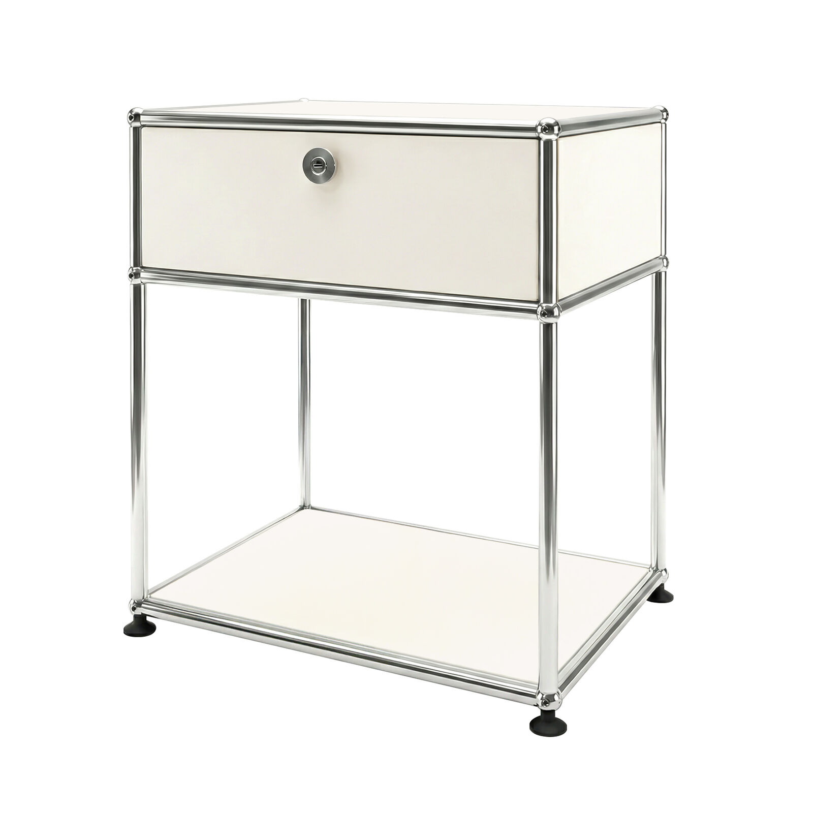 Stainless Steel White Bedside Table , Pre Assembled End Table, Modern Night Stand Steel Frame Unit w/ Pull-Out Drawer and Open Shelf