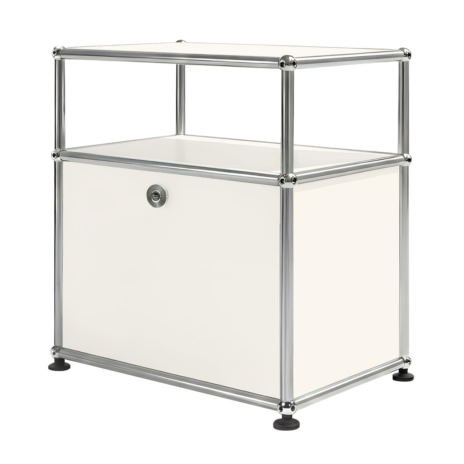 Stainless Steel White Bedside Table, Minimalist End Table, Modern Night Stand Steel Frame Unit w/ Drop-Down Door & Open Upper Shelf