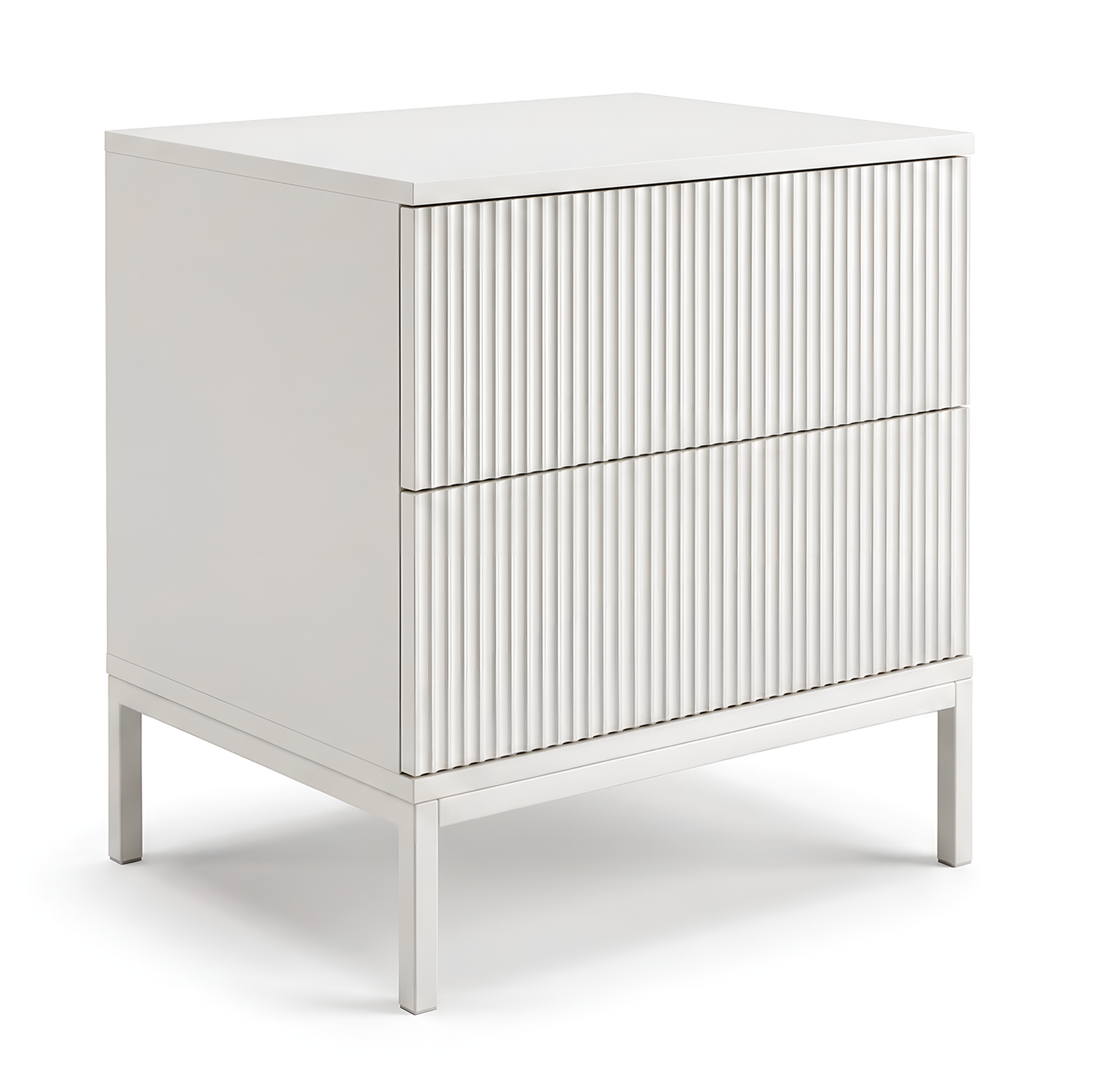 White Fluted Bedside Table Nightstand | Modern Side Cabinet with Painted MDF Finish & Carbon Steel Legs | Bedroom Storage Cabinet 50x40x55cm