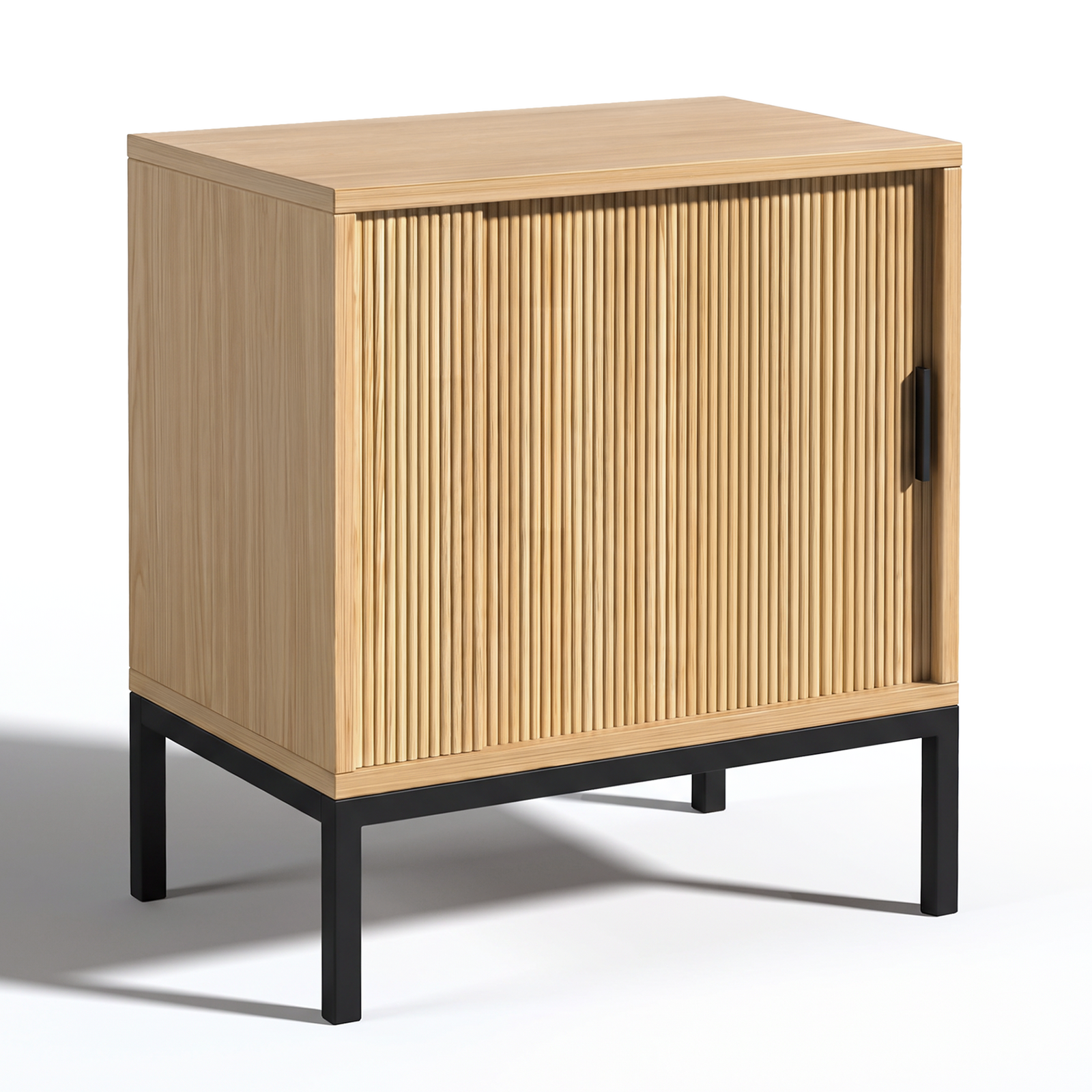 Oak Veneer Sliding Door Bedside Table with Fine Slatted Front, Modern Scandi Bedroom Cabinet, 2 Tier Storage, Powder Coated Metal Legs