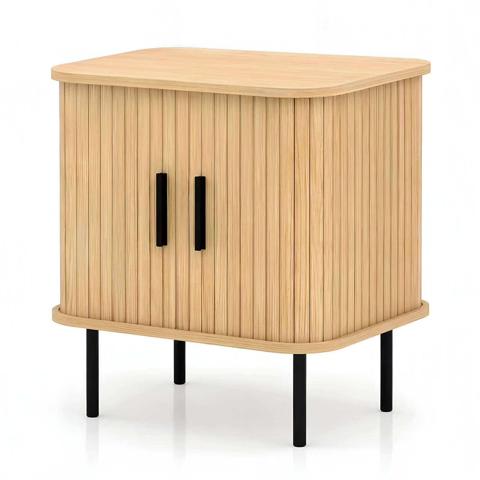 Light Solid Oak Veneer Tambour Bedside Table 50cm | Fluted Ribbed Side Cabinet | 2-Door Shutter Storage Nightstand with Black Metal Legs