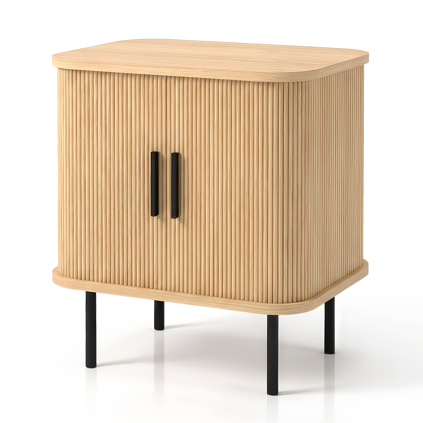 Light Solid Oak Veneer Tambour Bedside Table | Micro Slatted Sliding Door Side Cabinet | 2-Door Storage Nightstand