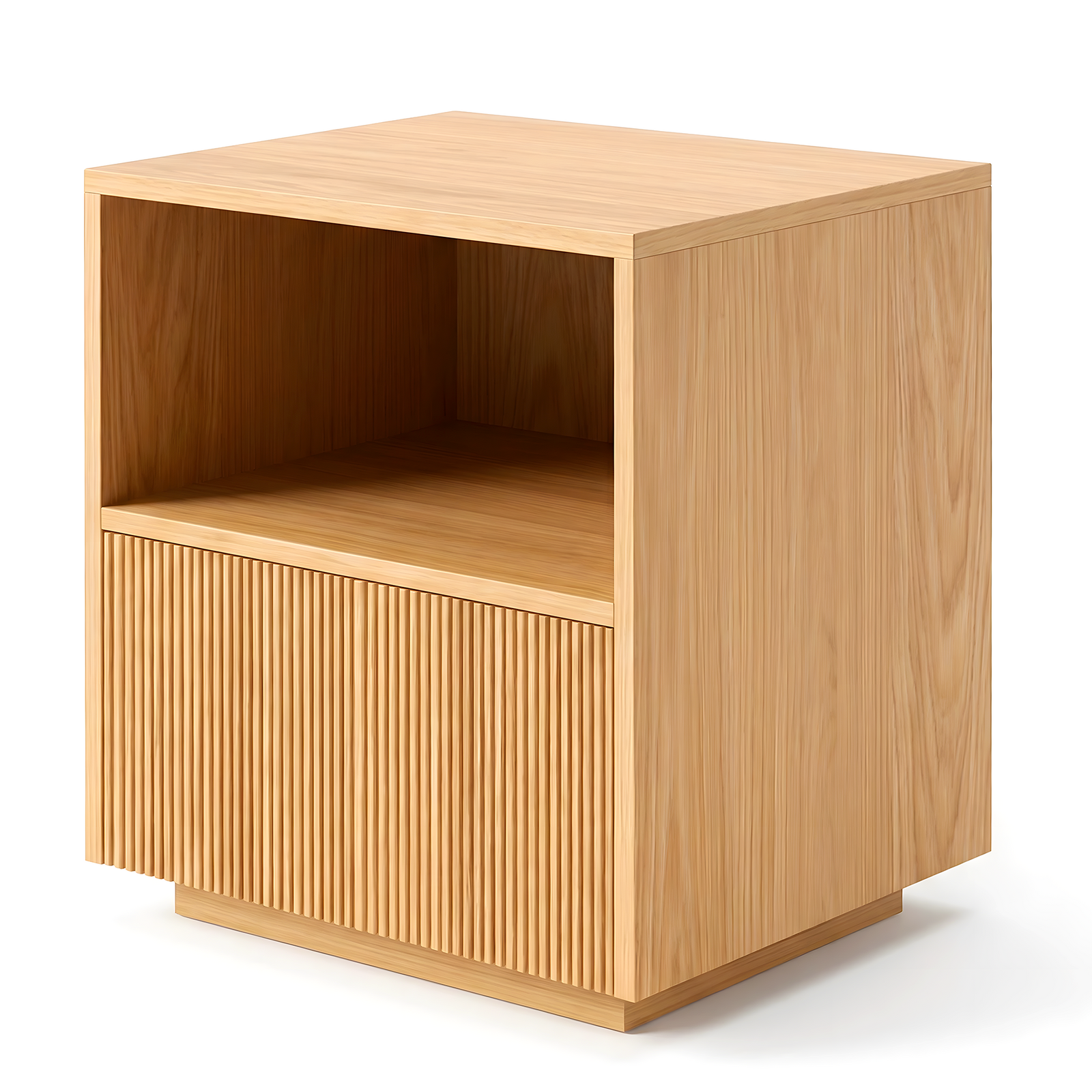 Solid Oak Veneer Bedside Table | Fluted Sliding Door Nightstand | Modern Ribbed Side End Table | Open Shelf Storage Organiser | 50x40x52cm