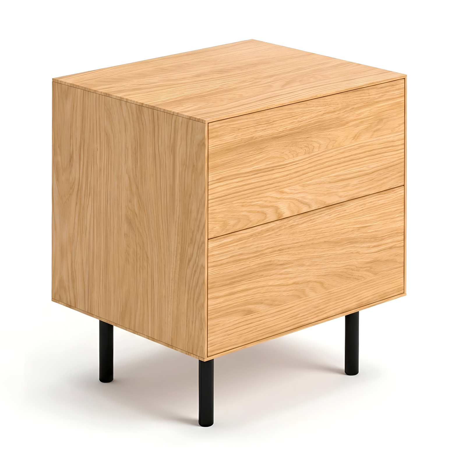 Modern 2 Drawer Bedside Table, Solid Oak Veneer, Powder-Coated Metal Legs, Bedroom Nightstand, 50 × 40 × 55cm