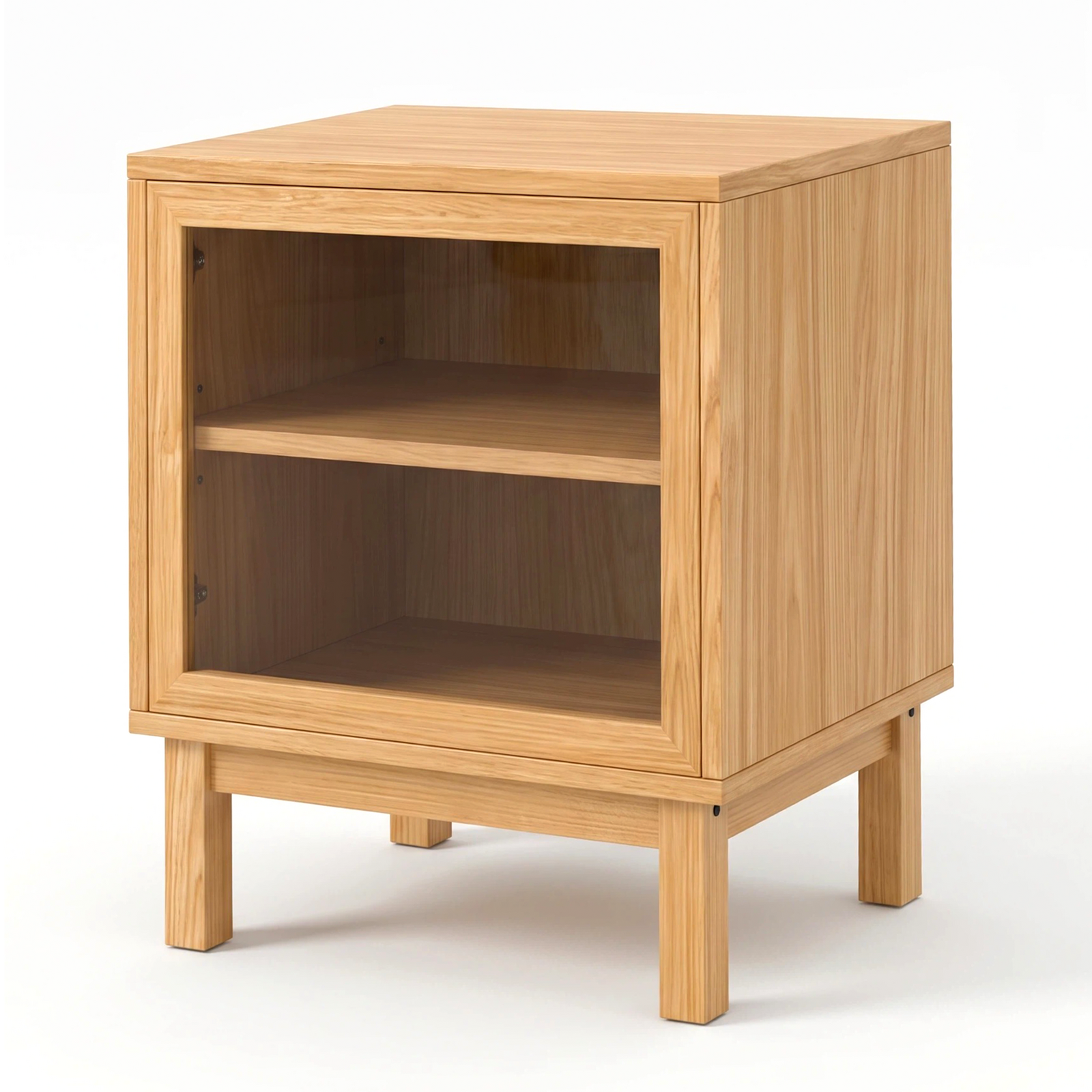 Bedside Table with Solid Oak Veneer, Glass Door Storage Cabinet, Solid Oak Frame & Legs, 50x40x55cm