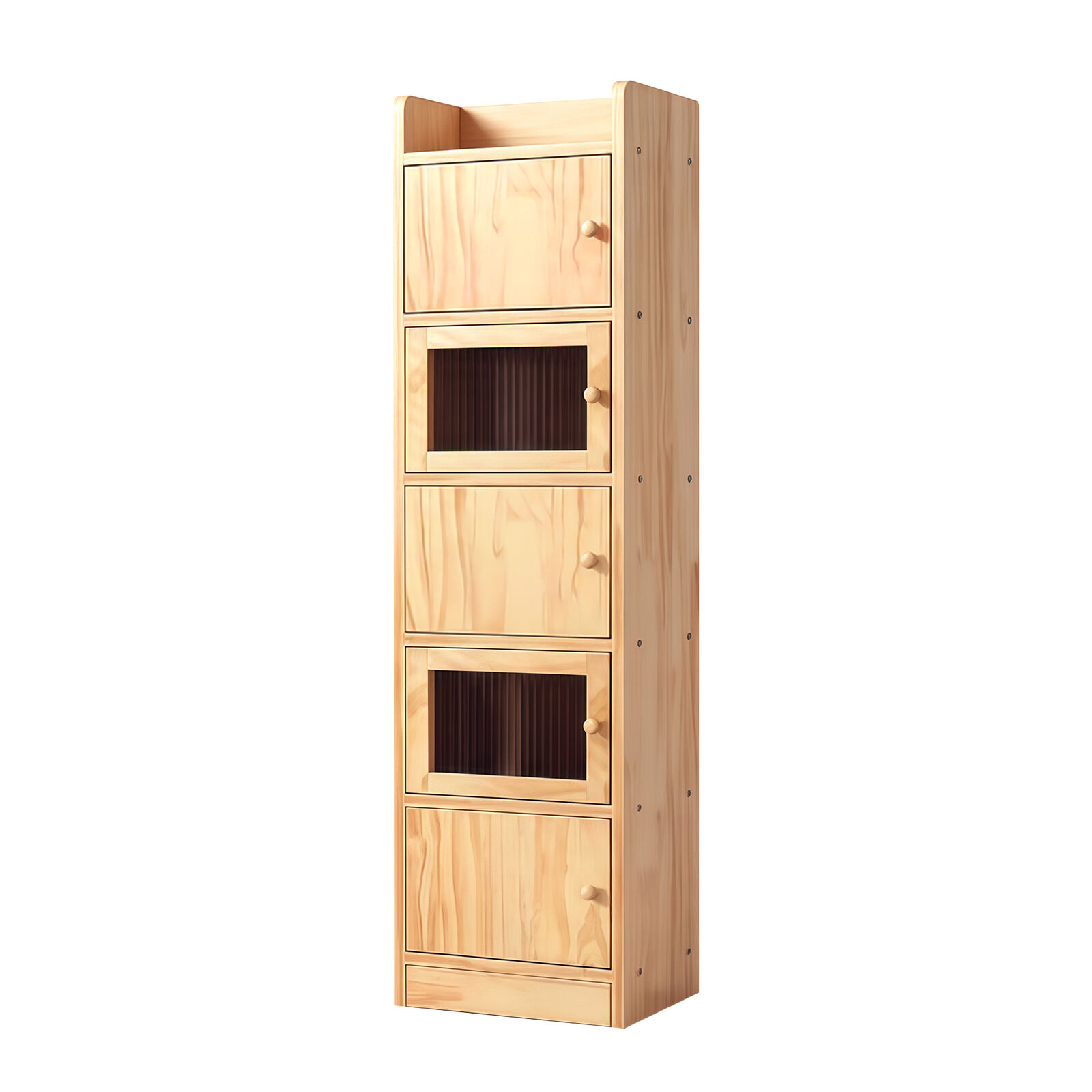 5-Tier Natural Bamboo Wooden Bookshelf, Tall Storage Cabinet & Bookcase w/ Multi-Door Design, Flat Top & Cube Display Storage Organizer