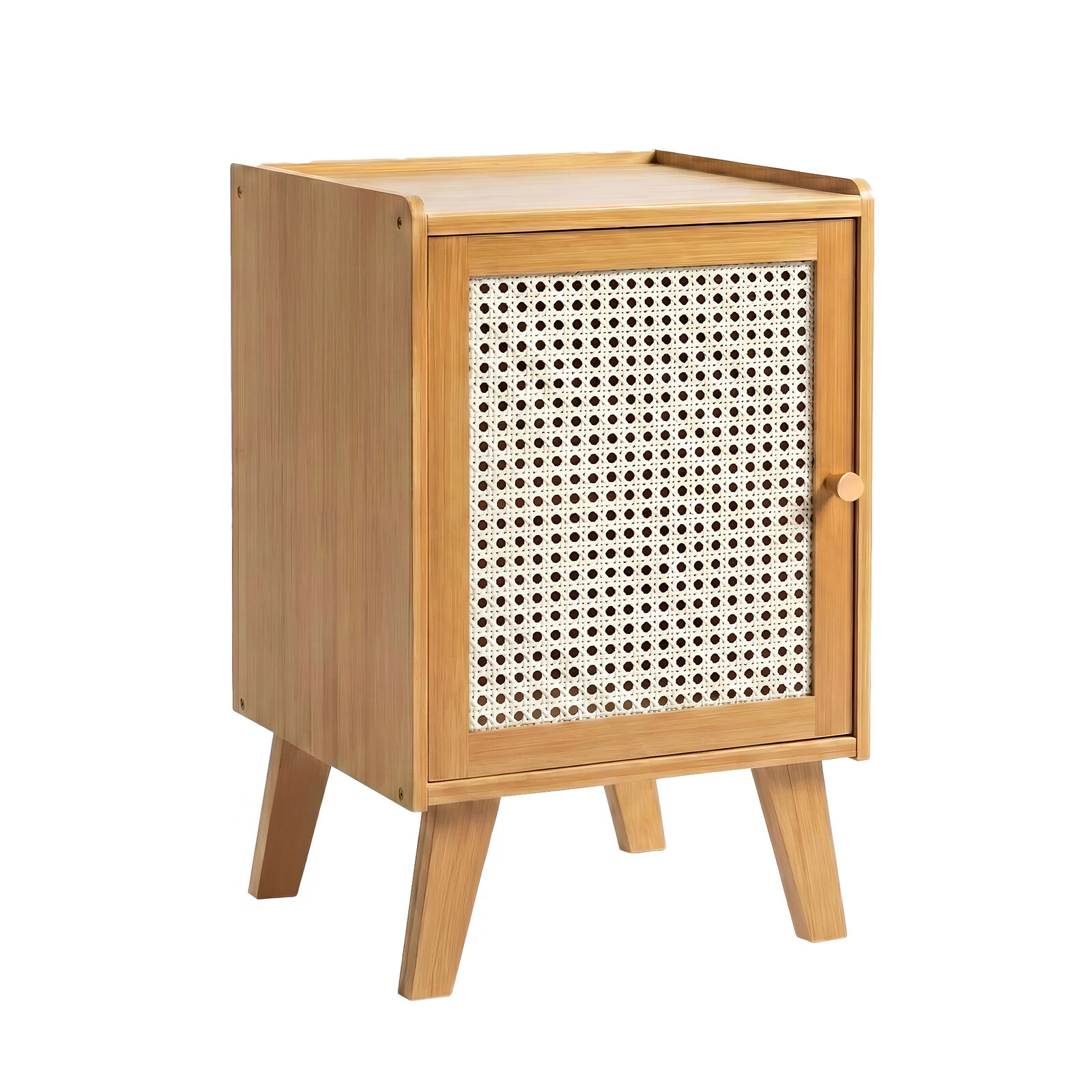 Natural Bamboo Wooden Bedside Table, Durable Side Storage End Table w/ Drawer, Modern Nightstand Entryway Organizer w/ Rattan-Inspired Door