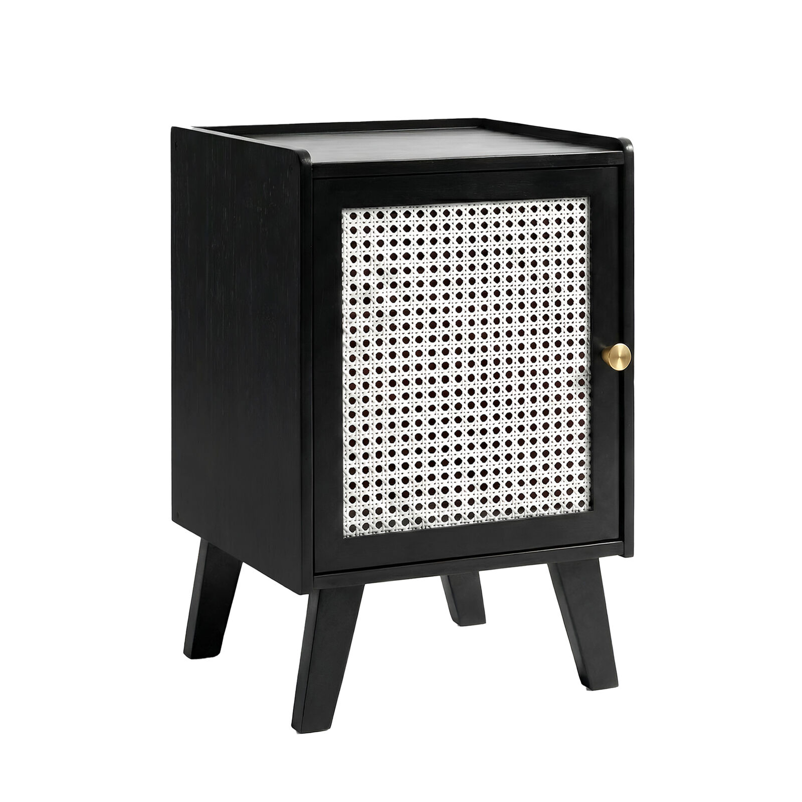 Black Bamboo Wooden Bedside Table, Durable Side Storage End Table w/ Drawer, Modern Nightstand Entryway Organizer w/ Rattan-Inspired Door