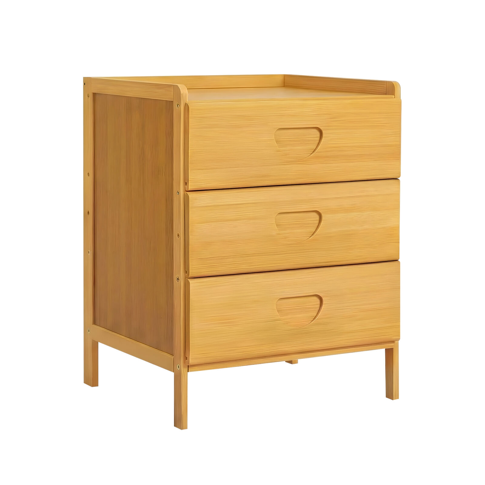 Natural Bamboo Wooden 3-Drawer Bedside Table, Chest Cabinet End Side Table, Modern Nightstand w/ Curved Handles, Elegant Entryway Organizer