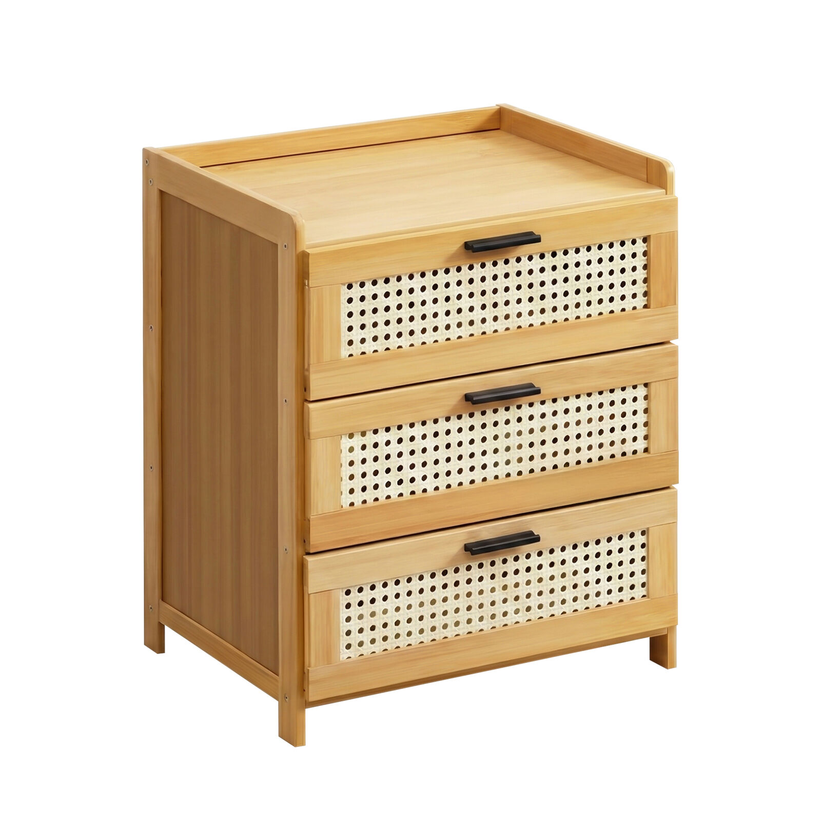 Natural Bamboo Wood 3-Drawer Door Rattan-Inspired Bedside Table, Chest Cabinet End Side Table, Modern Nightstand, Elegant Entryway Organizer