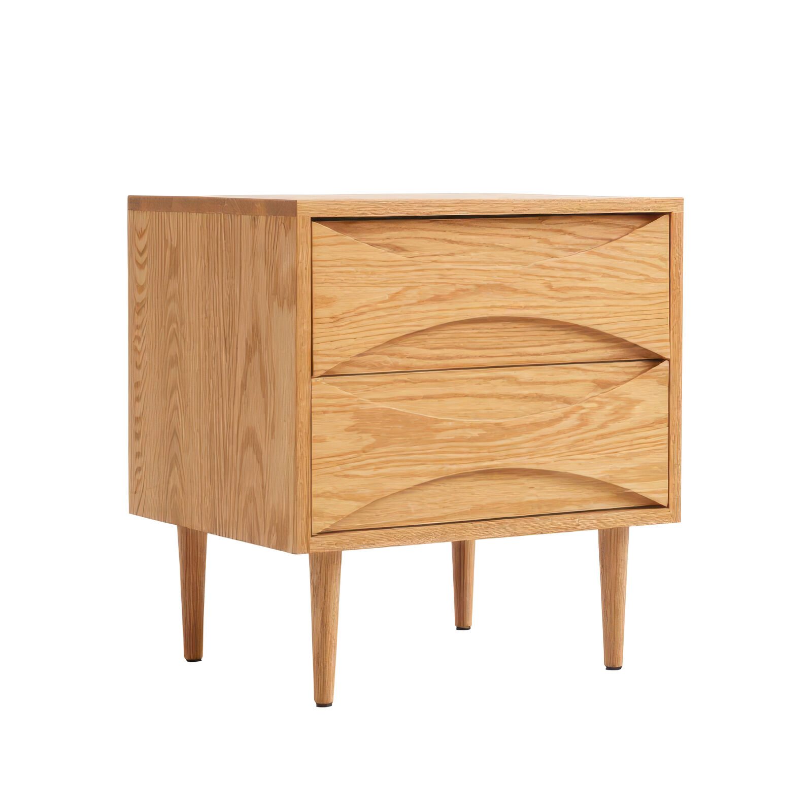 American Solid Oak Wood Bedside Table, Side Storage End Table w/ 2 Drawers, Natural Wood Finish Organizer, Minimalist Nightstand w/ Tapered Legs