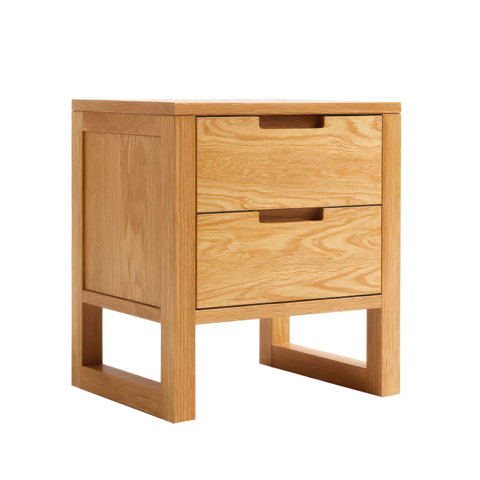 American Solid Oak Wood Side Table Side Storage End Table w/ 2 Drawers, Minimalist Nightstand Organizer w/ Open Rectangular Base