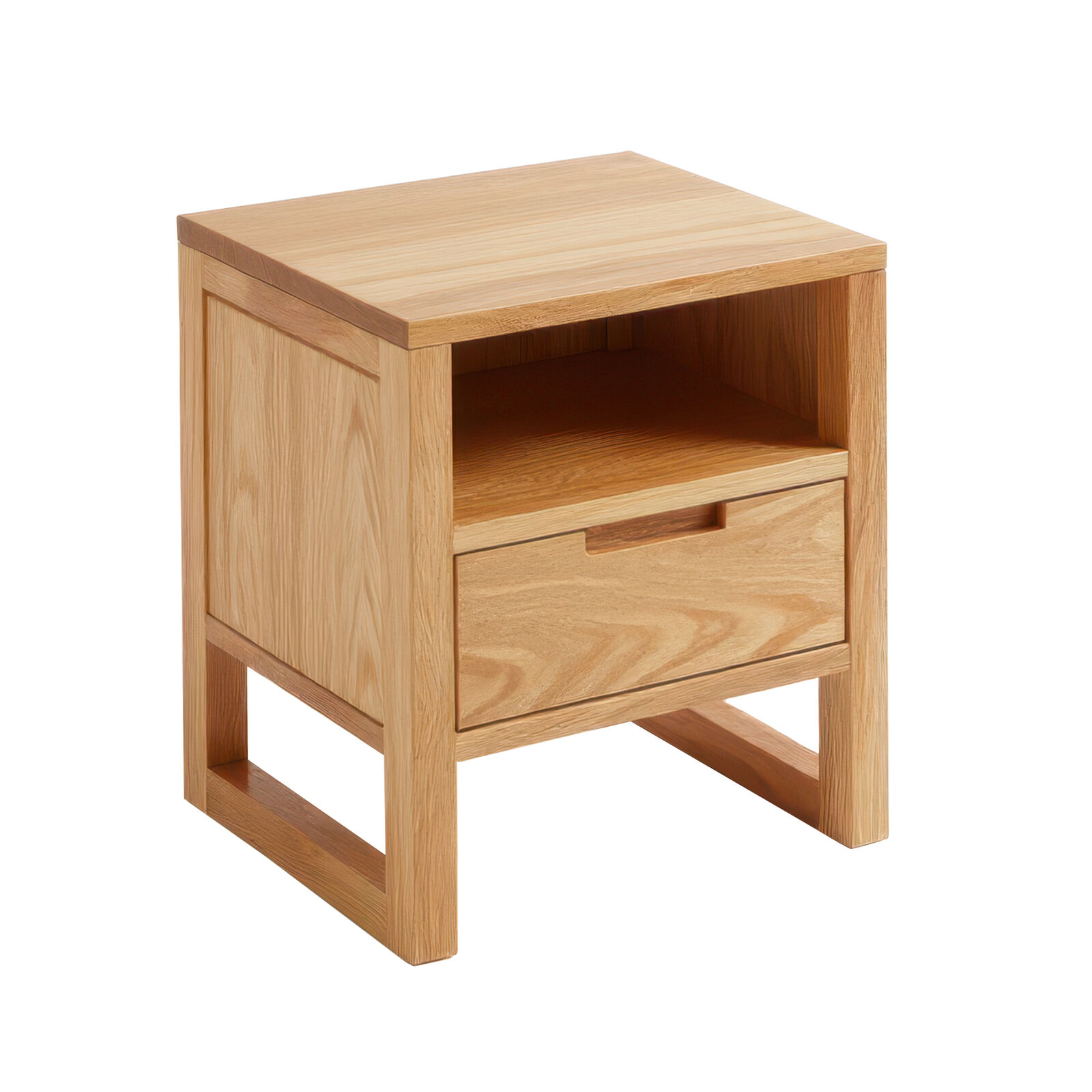 American Solid Oak Wood Side Table Side Storage End Table w/ Drawer and Open Shelf, Minimalist Nightstand Organizer w/ Open Rectangular Base