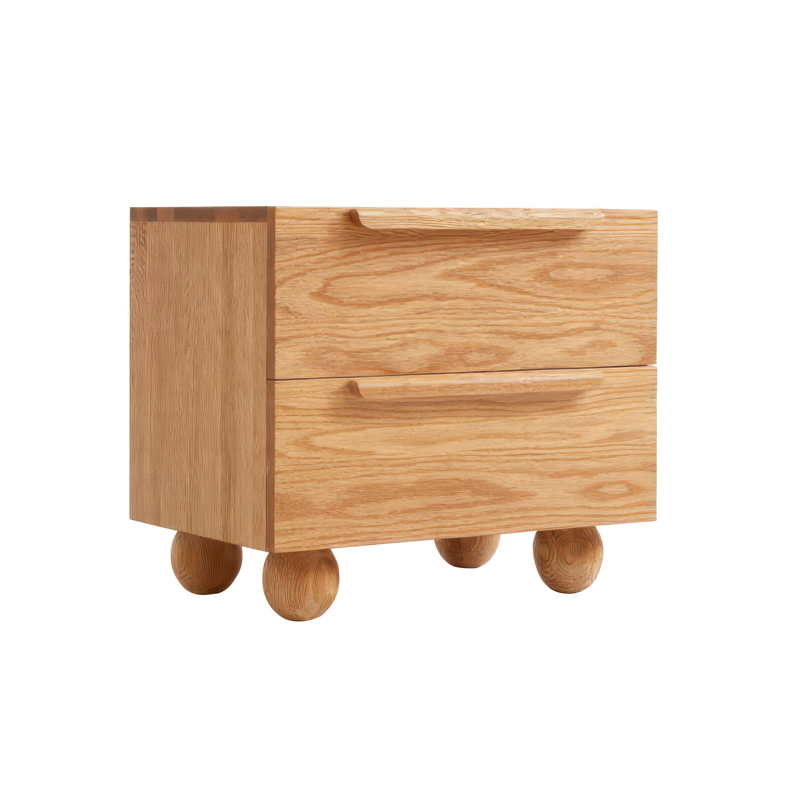 Solid Oak Wood Bedside Table, Side Storage End Table w/ 2 Drawers, Natural Wood Finish Organizer, Minimalist Nightstand w/ Rounded Ball Legs