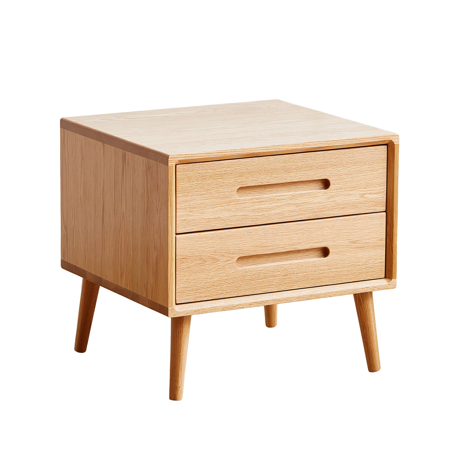 American Solid Oak Wood Bedside Table, Side Storage End Table w/ 2 Drawers & Recessed Handles, Minimalist Nightstand Organizer w/ Angled Legs