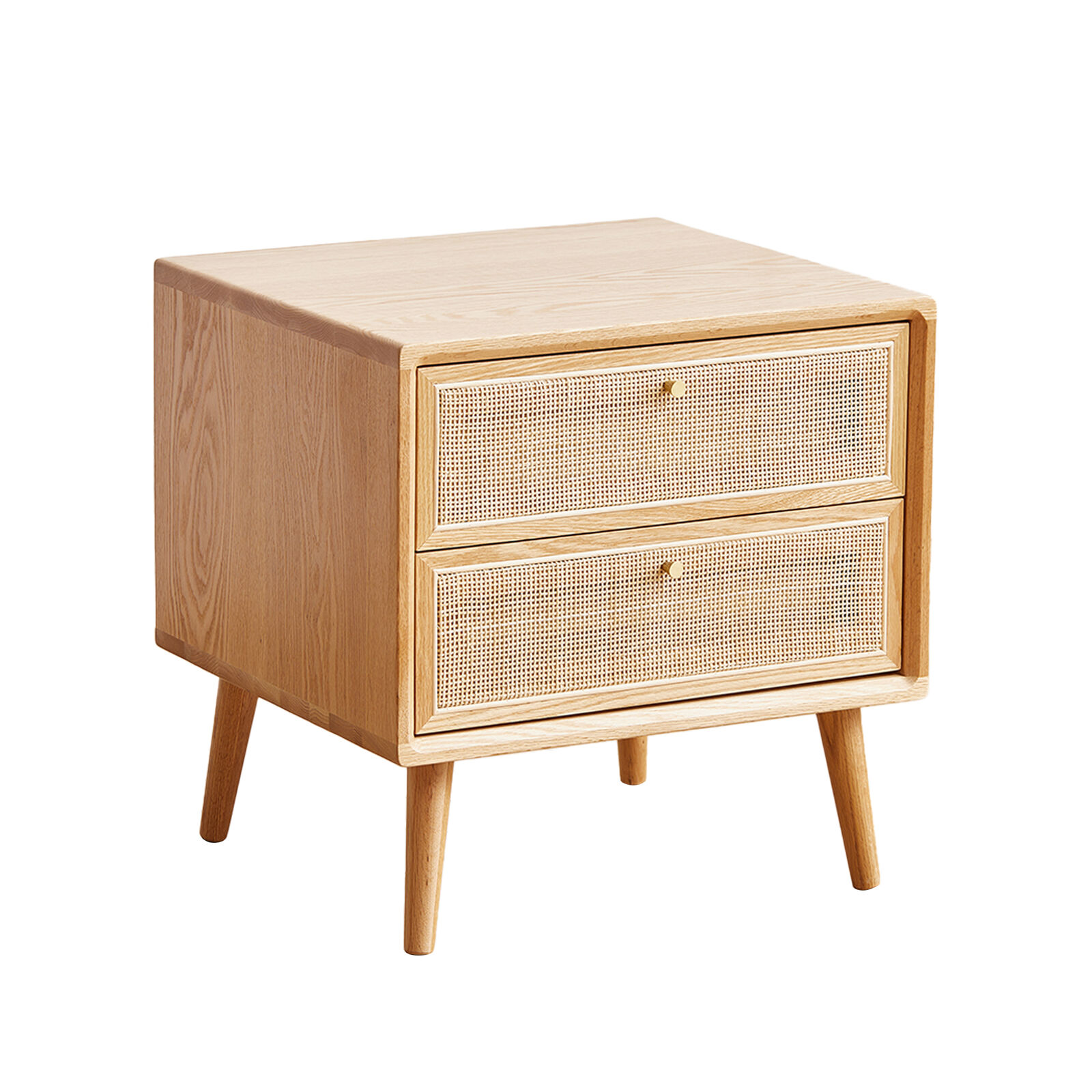 American Solid Oak Wood Bedside Table, Side Storage End Table w/ 2 Drawers & Rattan-Style Fronts, Minimalist Nightstand Organizer w/ Angled Legs