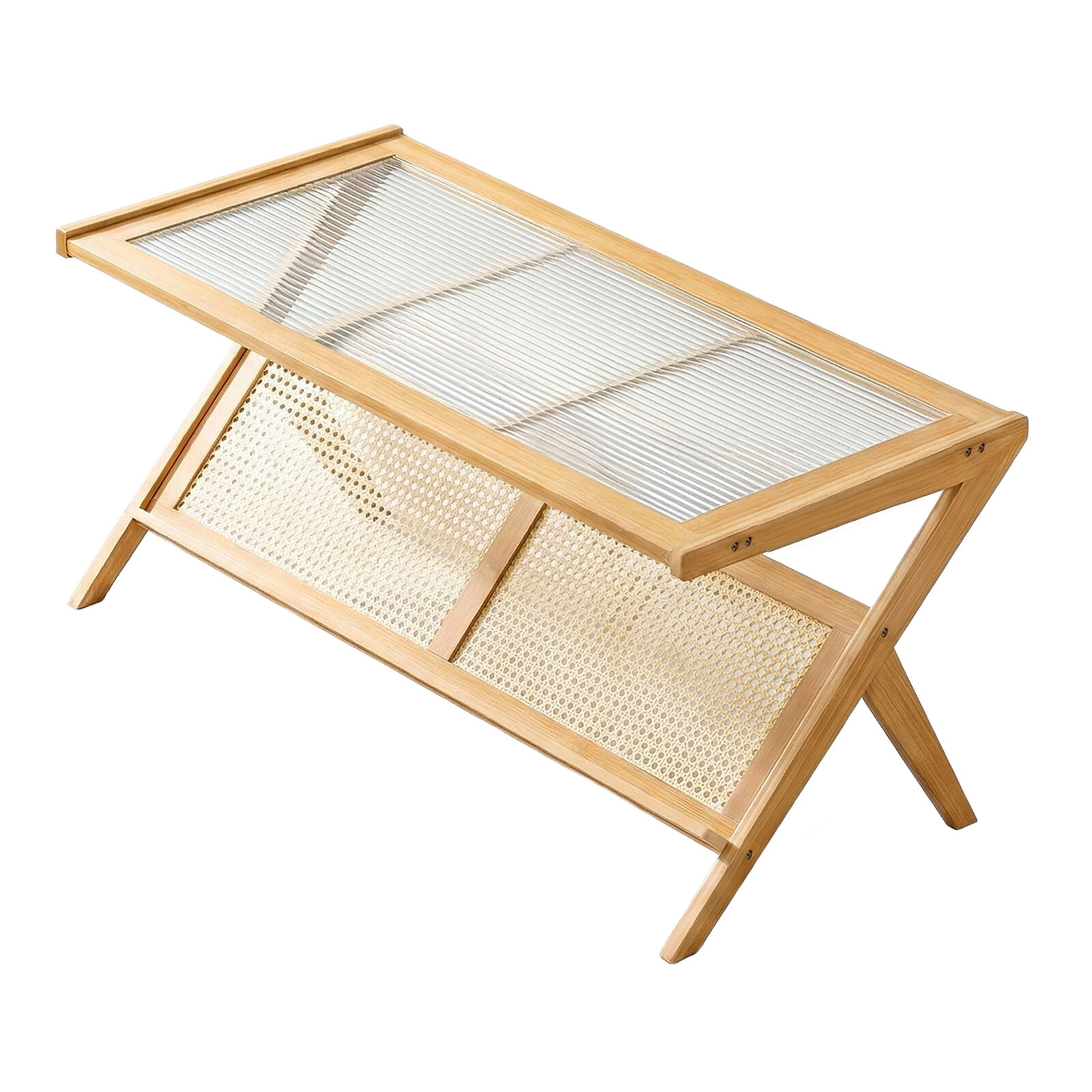 Modern 2-Tier Rectangular Wooden Bamboo Coffee Table | Z-Shaped Center Table with Ribbed Glass & Magazine Rack | Minimalist Storage