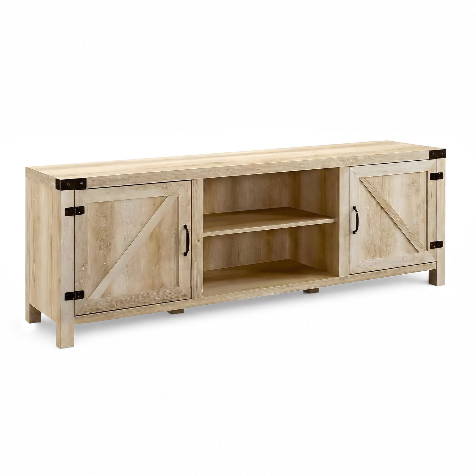 Timber TV Unit, 168cm Lowline Entertainment Centre, Modern Farmhouse Hamptons Style TV Stand, Hinged Barn Door Oak Grain TV Cabinet,Up to 75"
