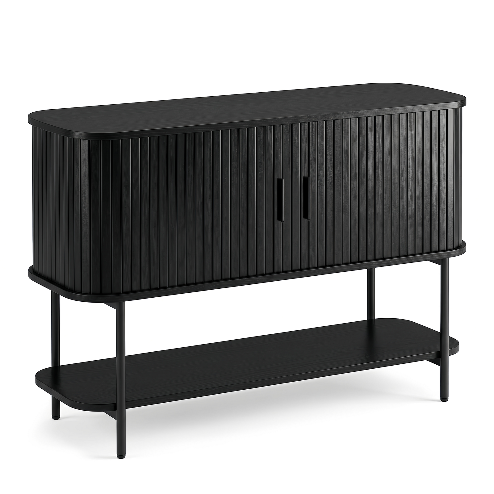 Solid Oak Veneer Sideboard Cabinet 140cm, Ribbed Black w/ Sliding Doors, Black