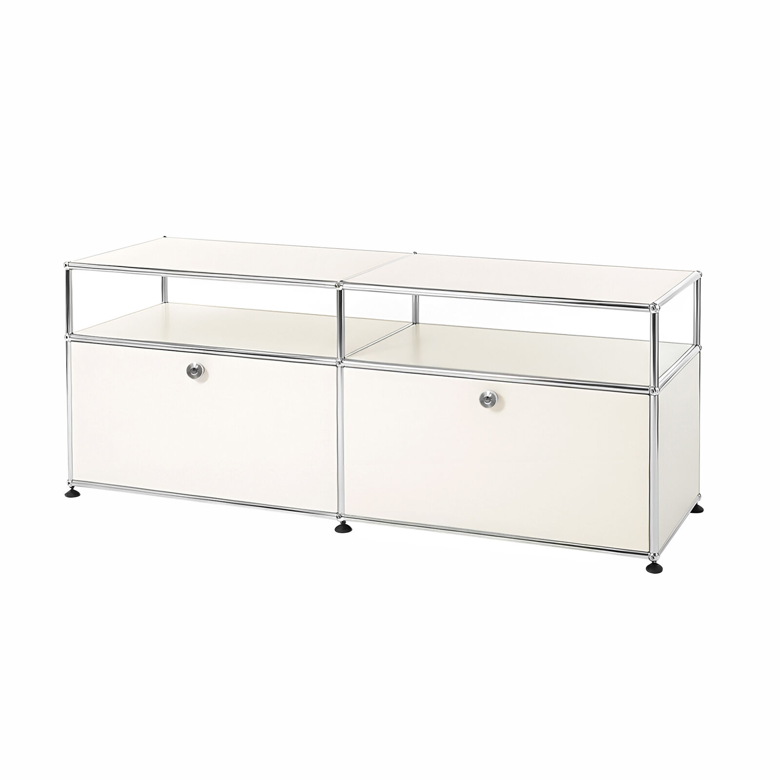 White Credenza Cabinet 152cm | Dual-Module Modular Metal Storage Sideboard | Minimalist TV Stand with Powder-Coated Steel & Chromed Frame