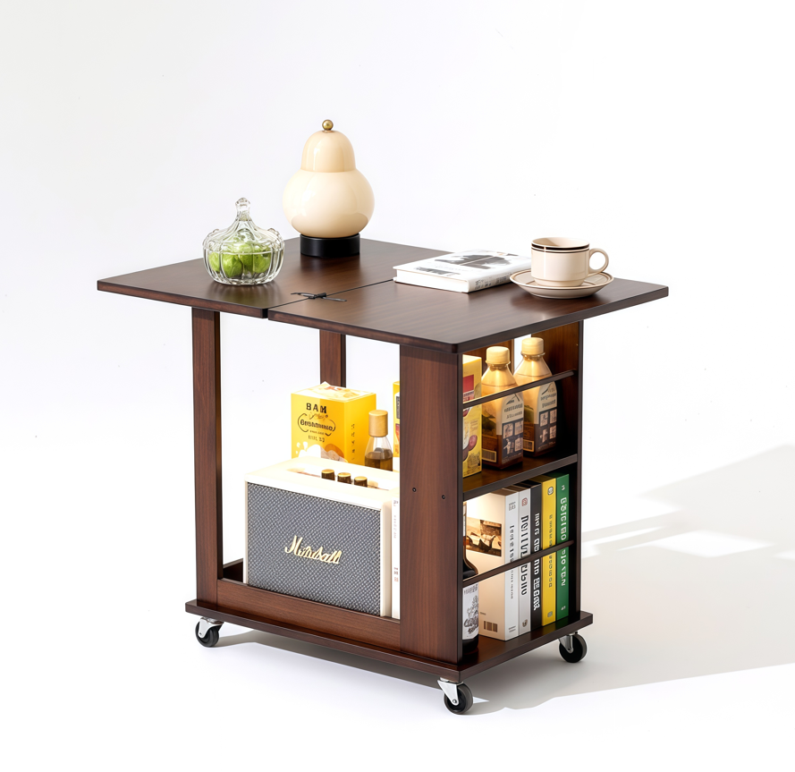 Foldable Bamboo Wood Side Table with Storage Shelves, Movable Rolling Space-Saving Coffee End Table, Multifunctional Mobile Design Trolley Shelf
