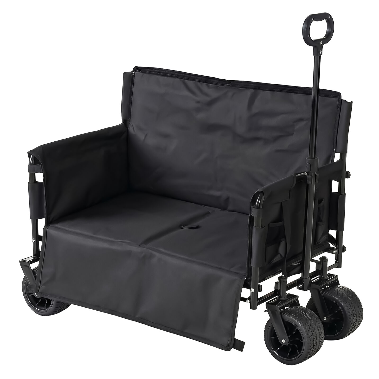 2-in-1 Black Utility Camping Wagon Cart with Seat Mode | 200kg Capacity | All-Terrain Portable Collapsible Grocery Cart for Sports & Garden