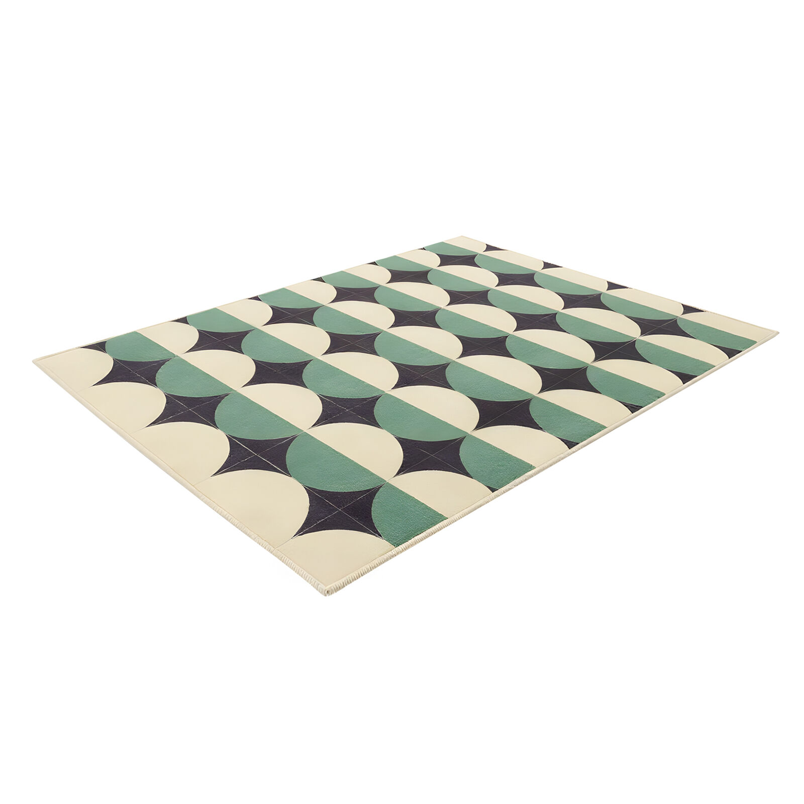 Retro Circle Pattern Floor Carpet Area Rug, Geometric Cream, Green & Black Washable Rug, Non-Slip, Extra Large 200cmx300cm Medium-Pile Mat