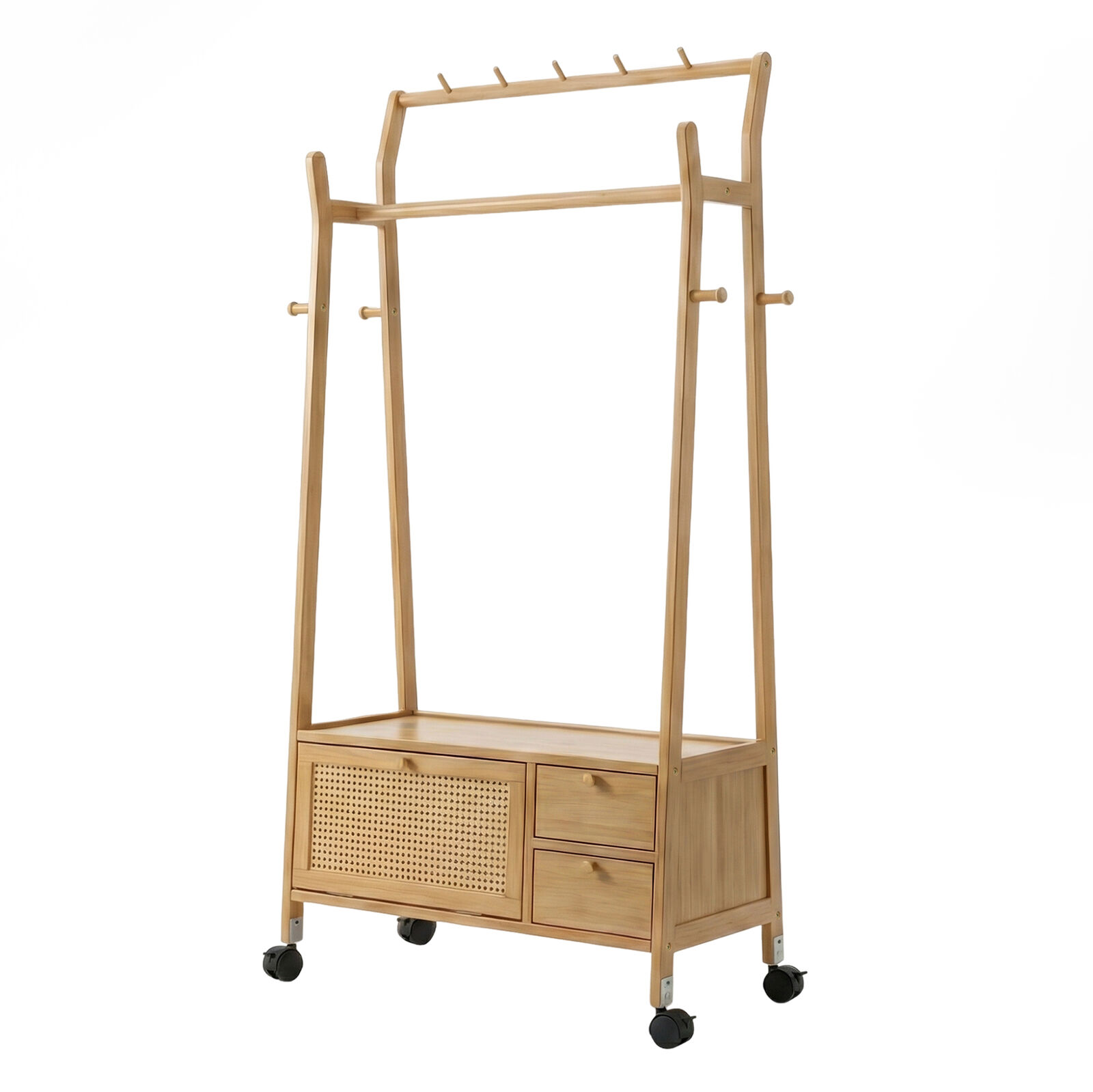 Modern Bamboo Wooden Coat Rack | Freestanding Clothes Rack | Storage Closet Shoe Wardrobe Cabinet, Drawers, Hanging Rail, Hooks & Rattan Panel