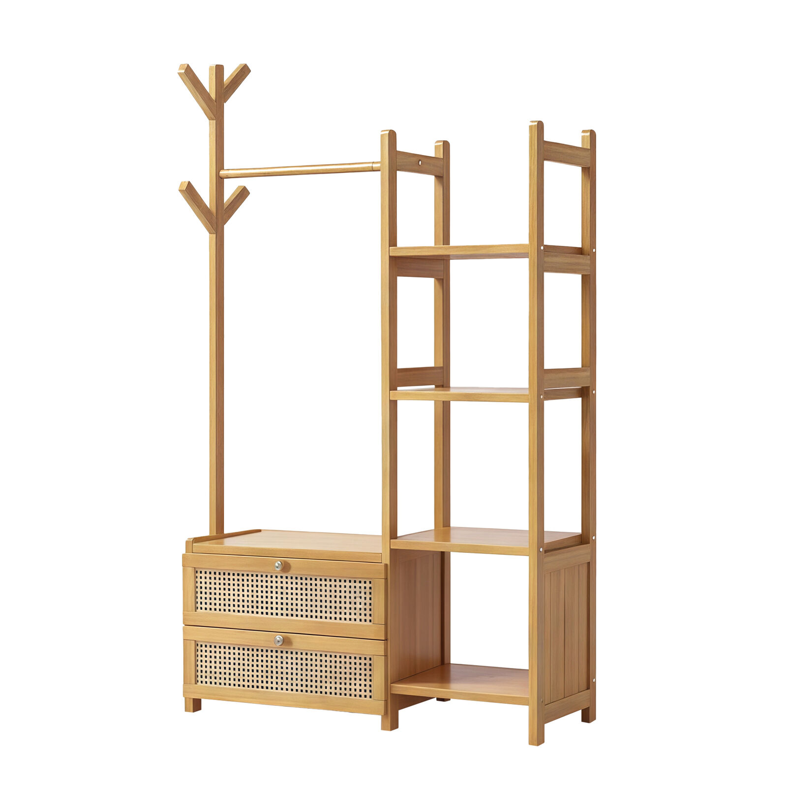 Bamboo Wood Coat Rack Stand, Open Wardrobe Garment Coat Hanging Rail w/ Shelves and Hooks,Two Pull Out Drawers & Shoe Storage for Bedrooms