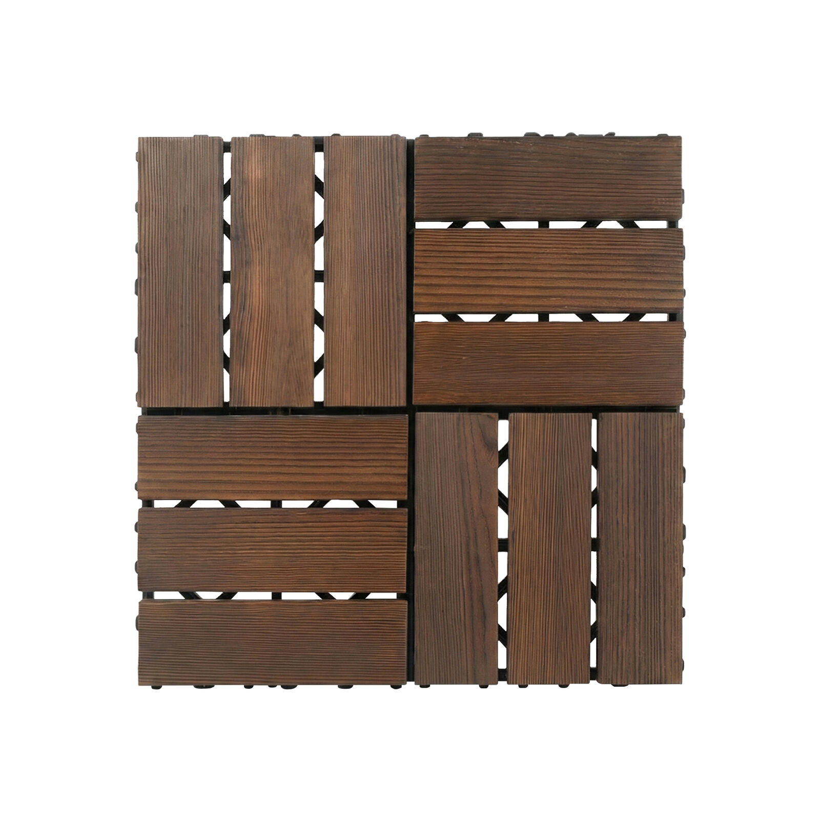 10x Dark Brown Carbonized Solid Pine Wood Deck Tiles, 12-Slat, 30×30cm Interlocking Outdoor Flooring, Anti-Slip, Natural Wooden Tiles, Easy DIY