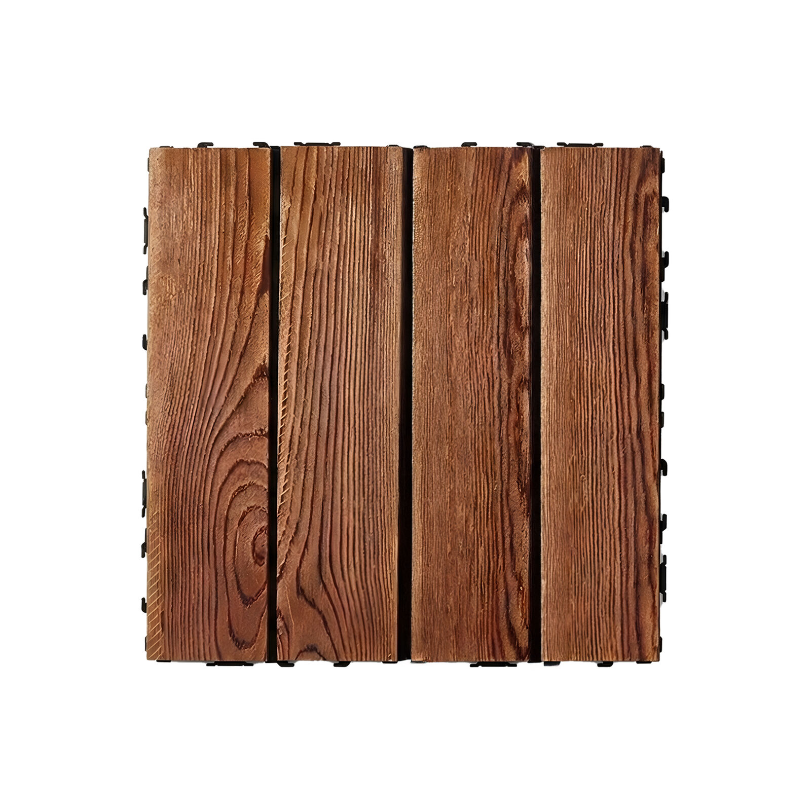 10x Brown Carbonized Solid Pine Wood Deck Tiles, 4-Slat, 30×30cm Interlocking Outdoor Flooring, Anti-Slip, Natural Wooden Tiles, Easy DIY