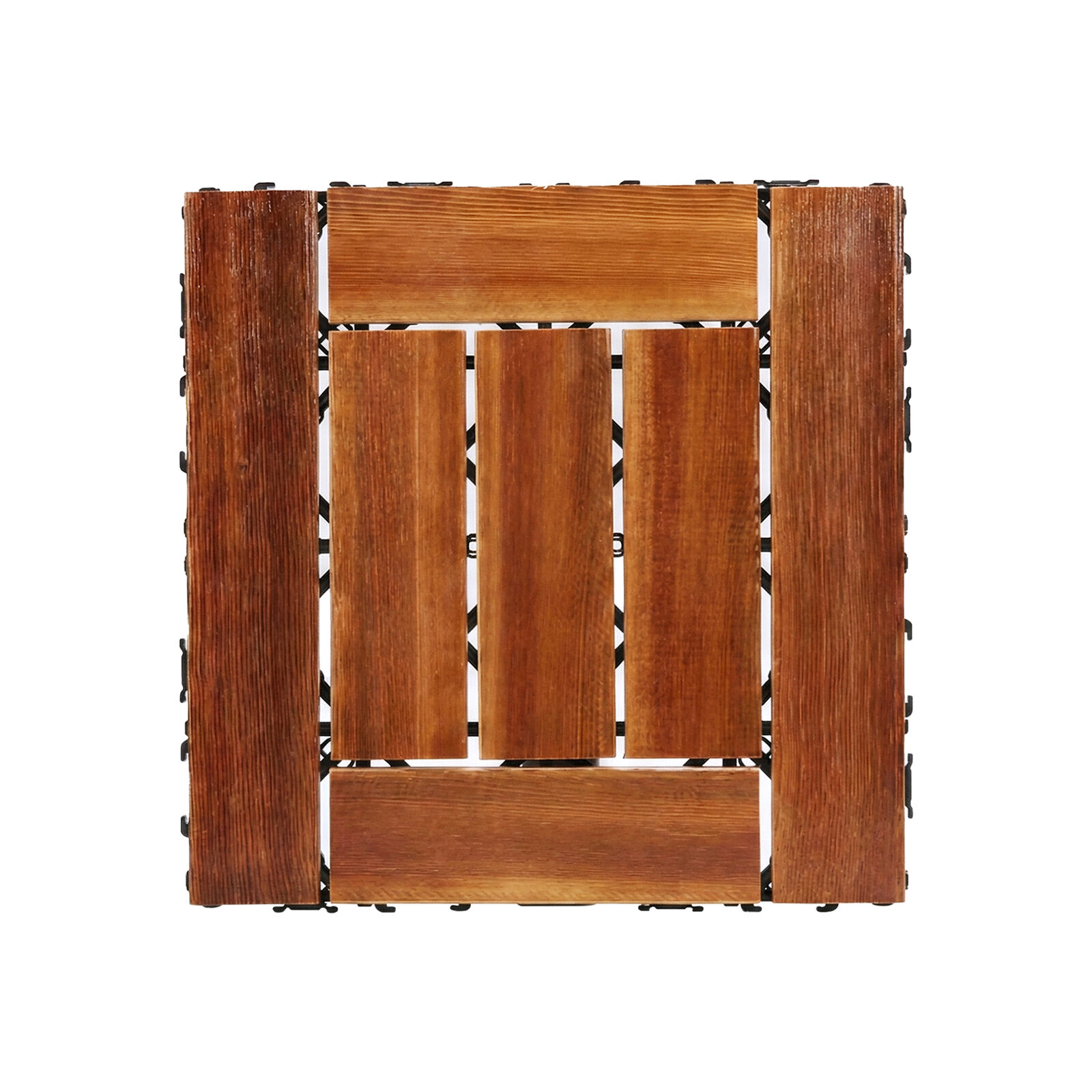 10x Brown Carbonized Solid Pine Wood Deck Tiles, 7-Slat, 30×30cm Interlocking Outdoor Flooring, Anti-Slip, Natural Wooden Tiles, Easy DIY