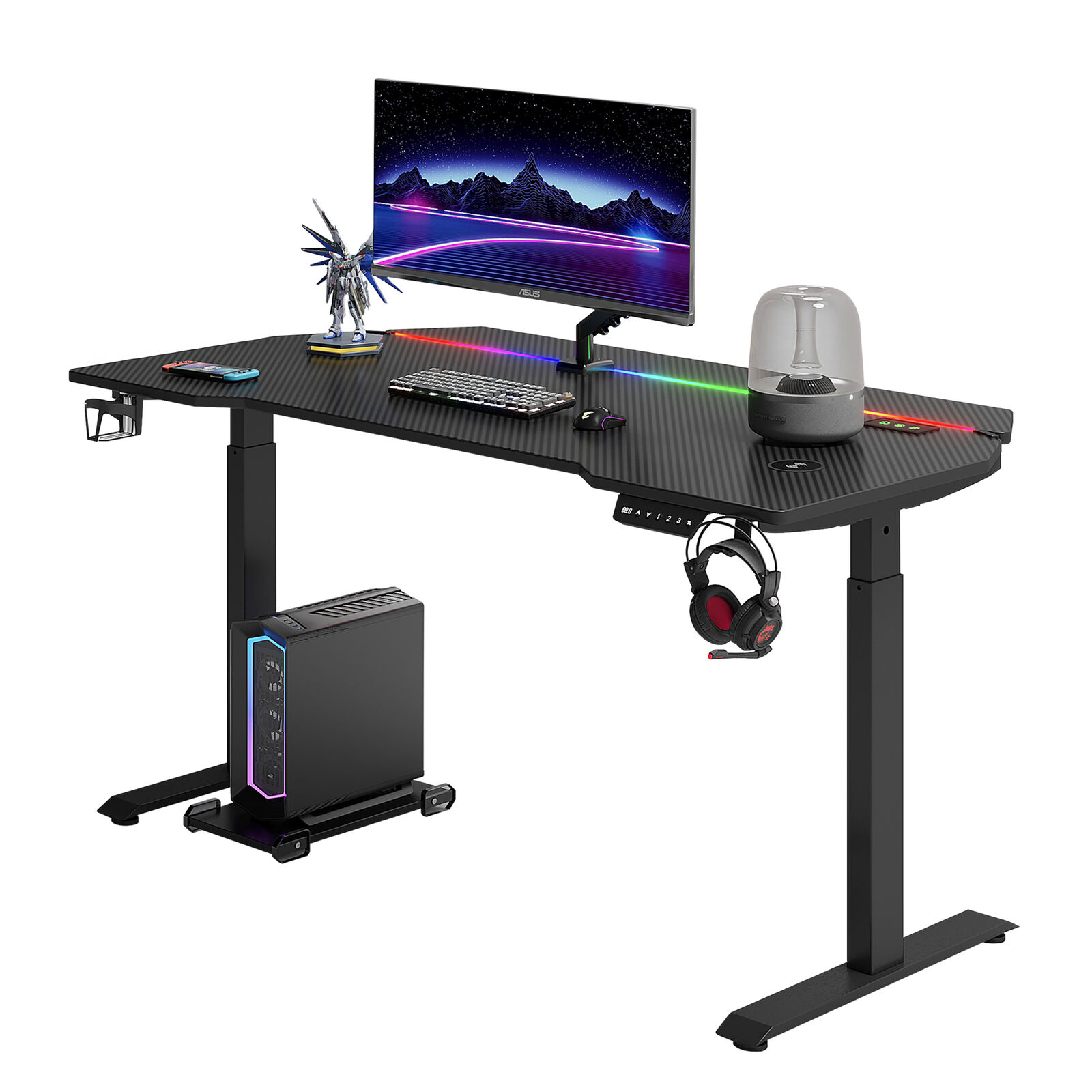 Dual Motor Electric Gaming Desk 180×75cm | Height Adjustable Standing Desk | RGB Lights & Wireless Charging | Carbon Fibre Finish PC Table