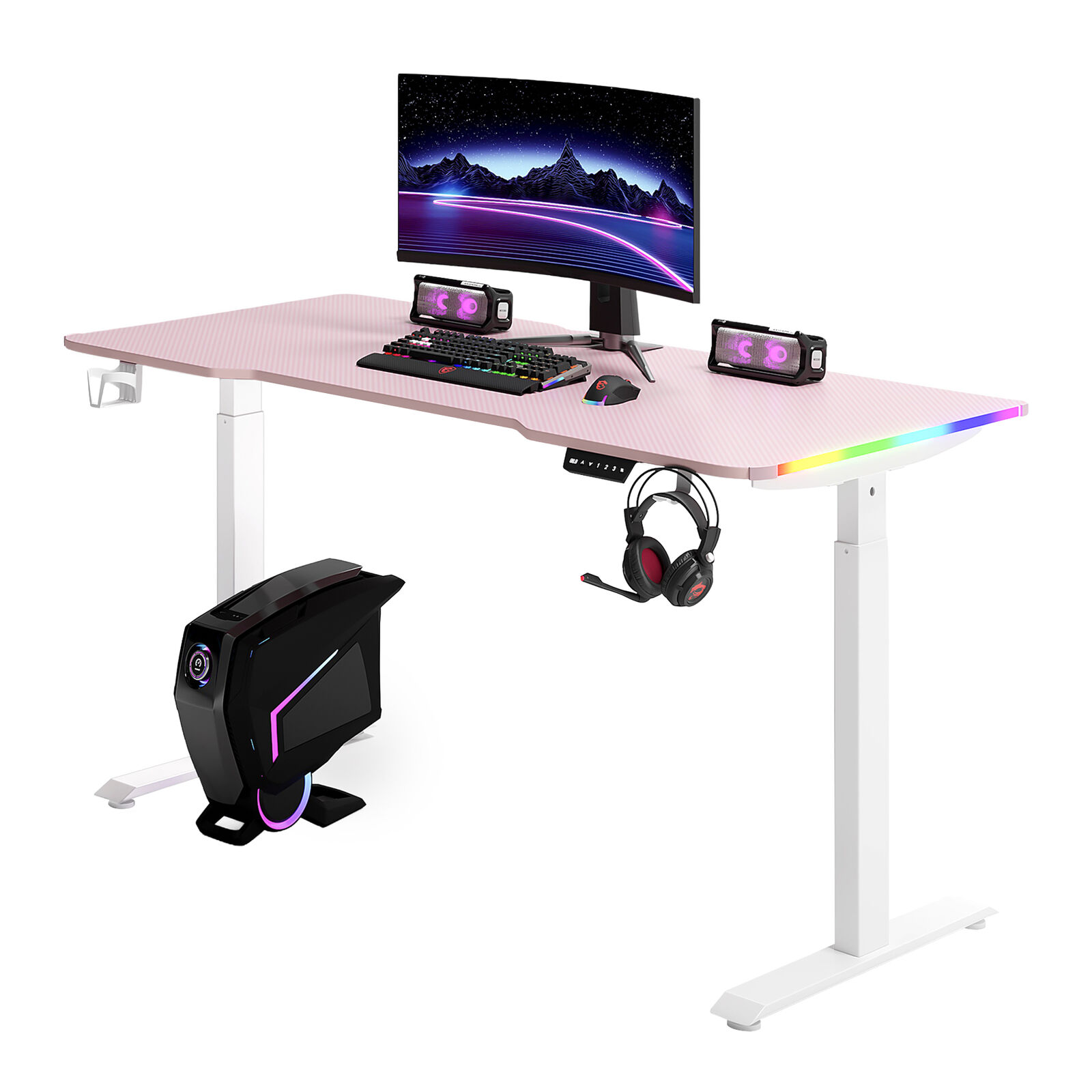 Pink Dual Motor Electric Gaming Desk 140×60cm | Height Adjustable Standing Desk | Ergonomic Computer Table | RGB Lights & Carbon Fibre Finish