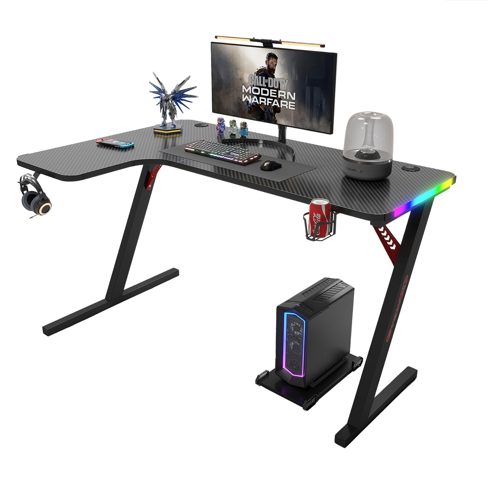 Black 140cm/160cm Large Gaming Desk w/ RGB Light Strips Thicken Carbon Fiber Desktop Computer Table for Home Office Bedroom Study Easy Assembly