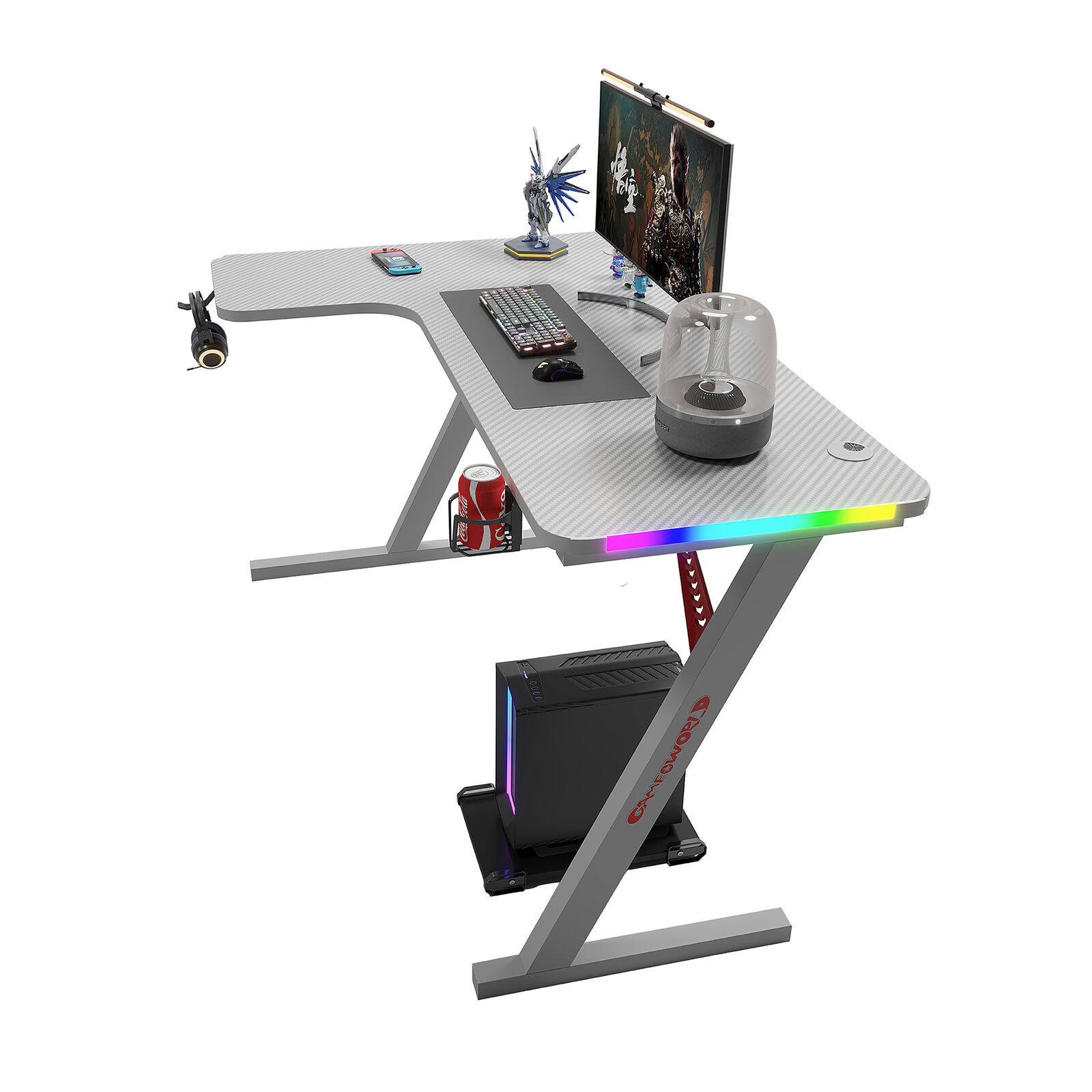 White 140cm/160cm Large Gaming Desk w/ RGB Light Strips Thicken Carbon Fiber Desktop Computer Table for Home Office Bedroom Study Easy Assembly
