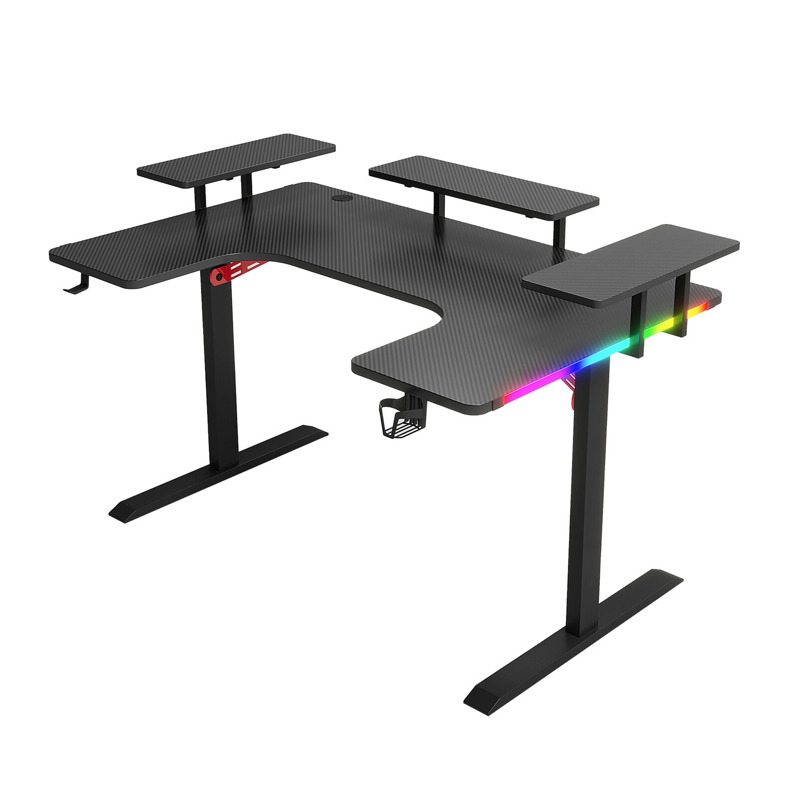 Black Modern Thicken Gaming Desk U-Shaped Large Computer PC Table with Monitor Stand Side Shelves Carbon Fiber Finish for Home Office or Study