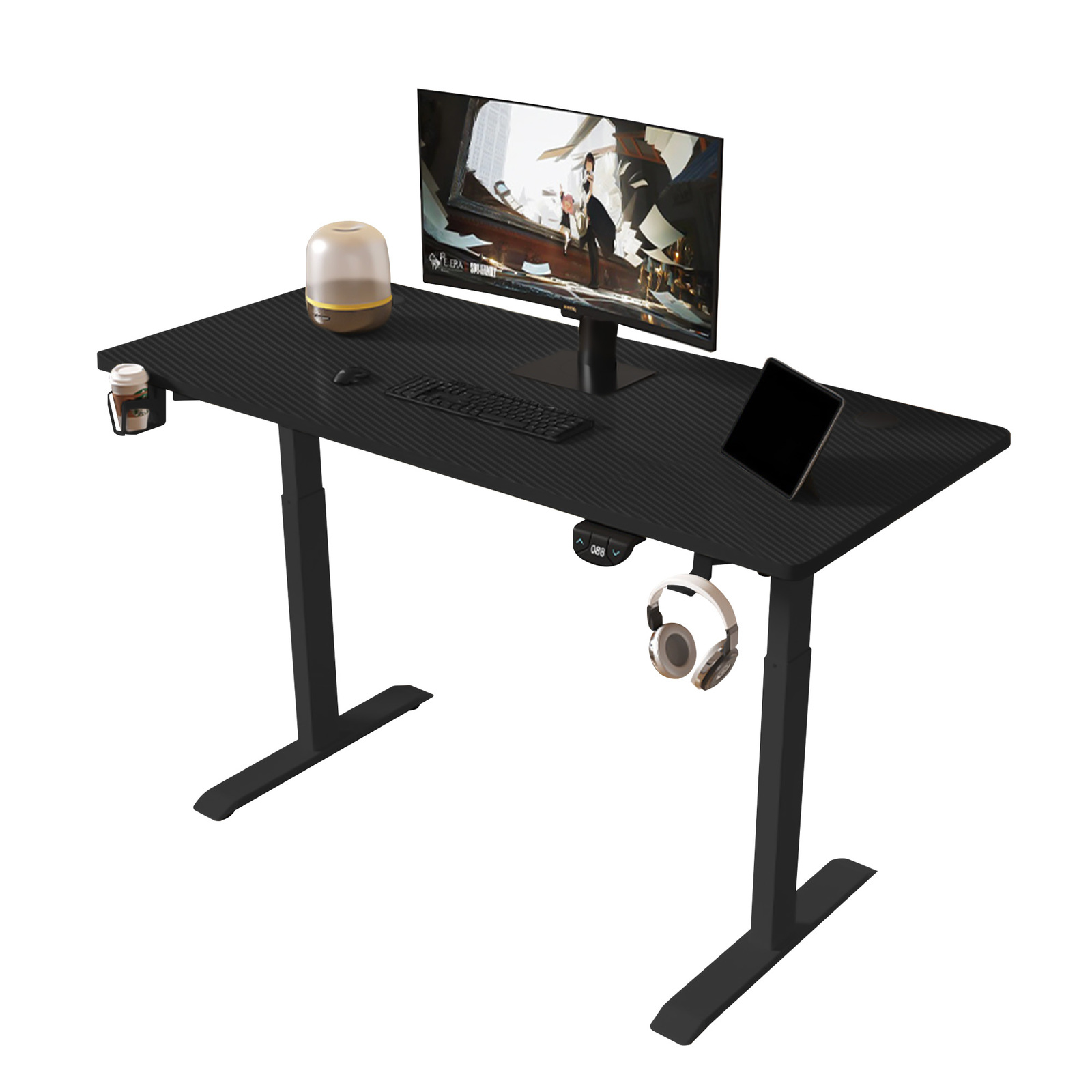 140cm Gaming Desk Single Motor Frame Leg with Cup and Headphone Holder Black