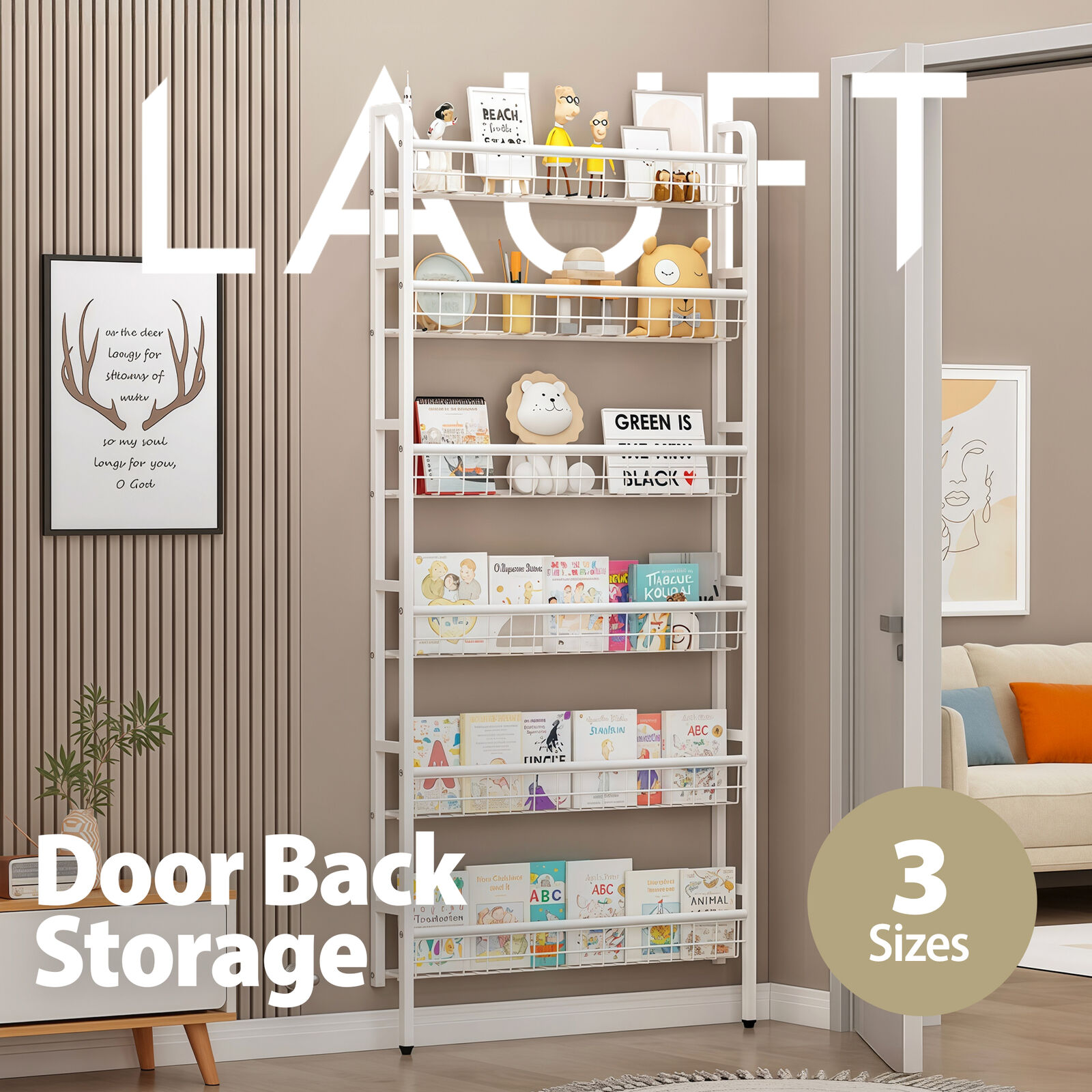 6 Tier 50-100cm Behind Door Storage Organizer Rack Breathable Over the Door Metal Shelf with Open Wire Baskets Wall Leaning Design White Finish