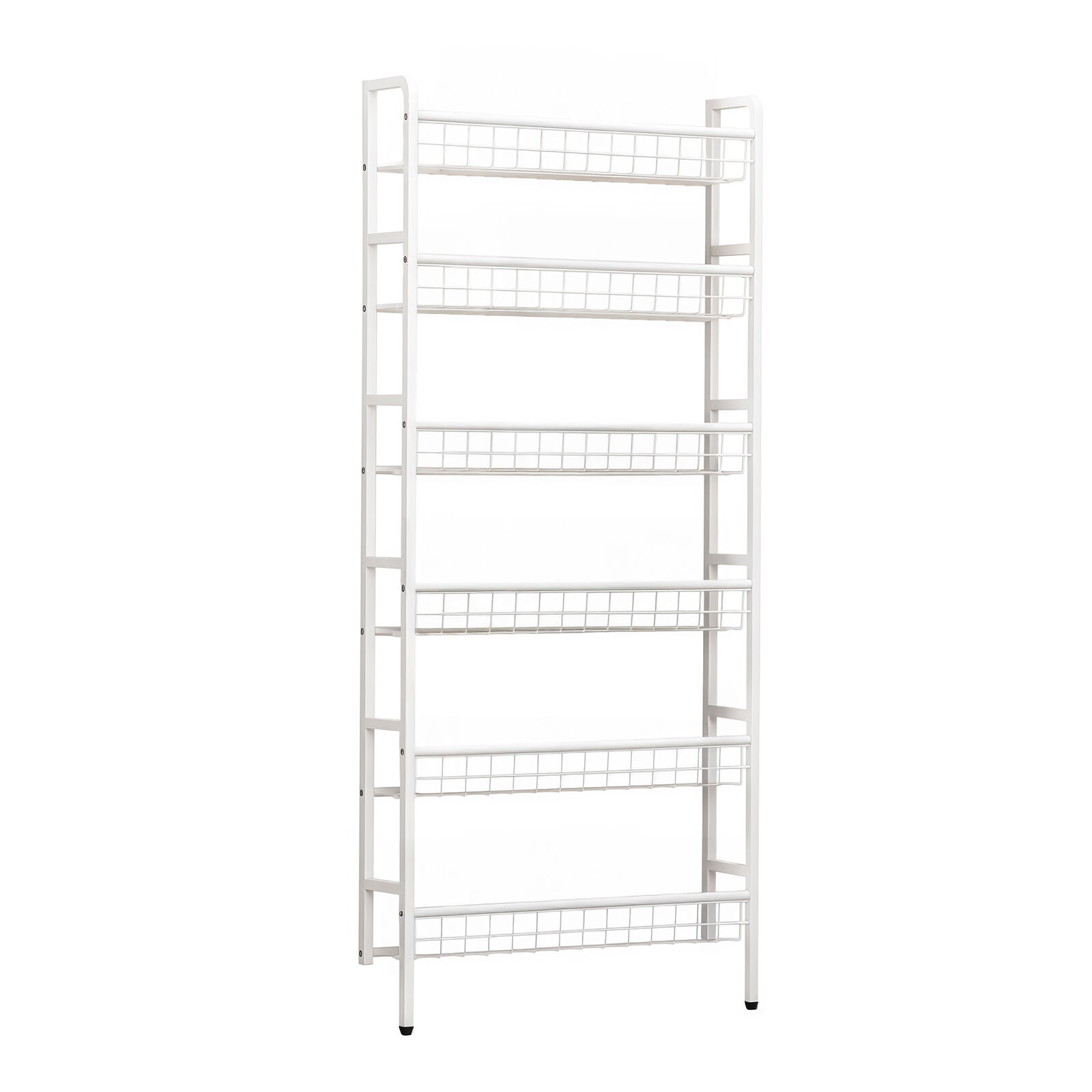 6 Tier Behind Door Storage Organizer Rack Breathable Over the Door Metal Shelf with Open Wire Baskets Wall Leaning Design White Finish Space Saving Ea
