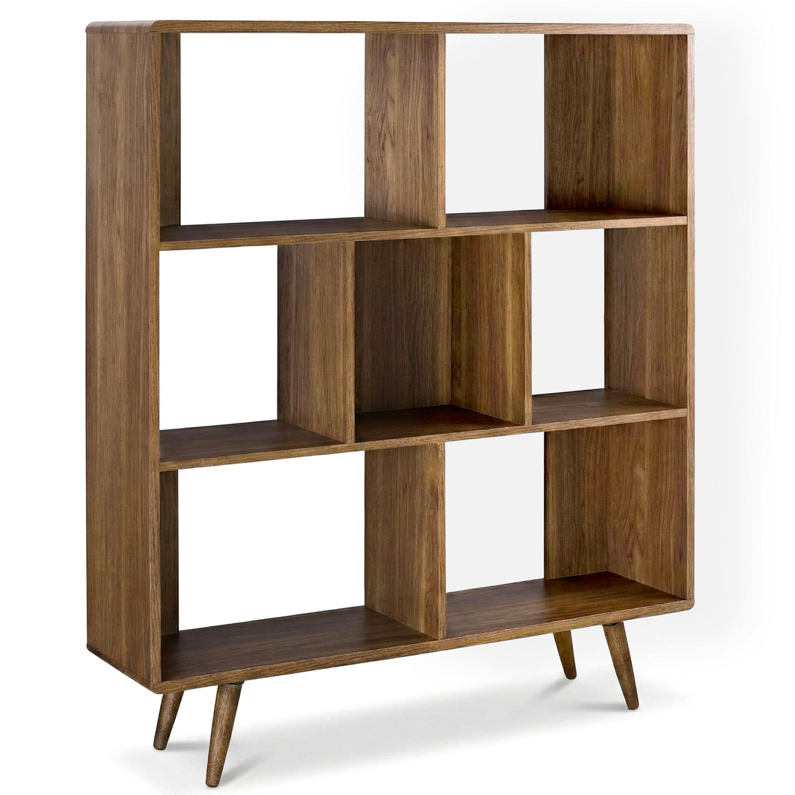 7-Cube Display Shelf Storage Bookcase with Wood Legs, MDF Walnut for Artwork Collectibles Home Storage, 114 x 29 x 133 cm