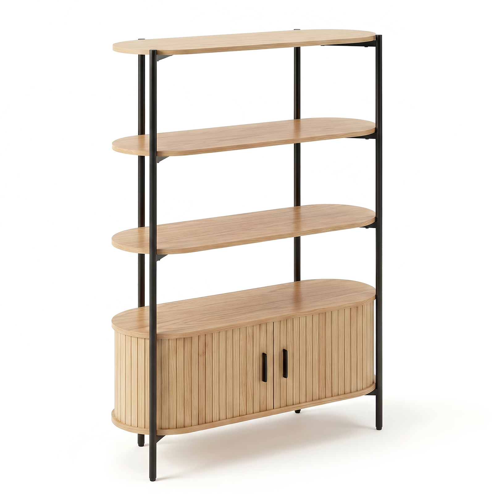 Solid Oak Veneer Storage Shelves with 2-Door Cabinet and Carbon Steel Leg Shelving Unit, Storage Rack & Display Shelf for Living Room, Office